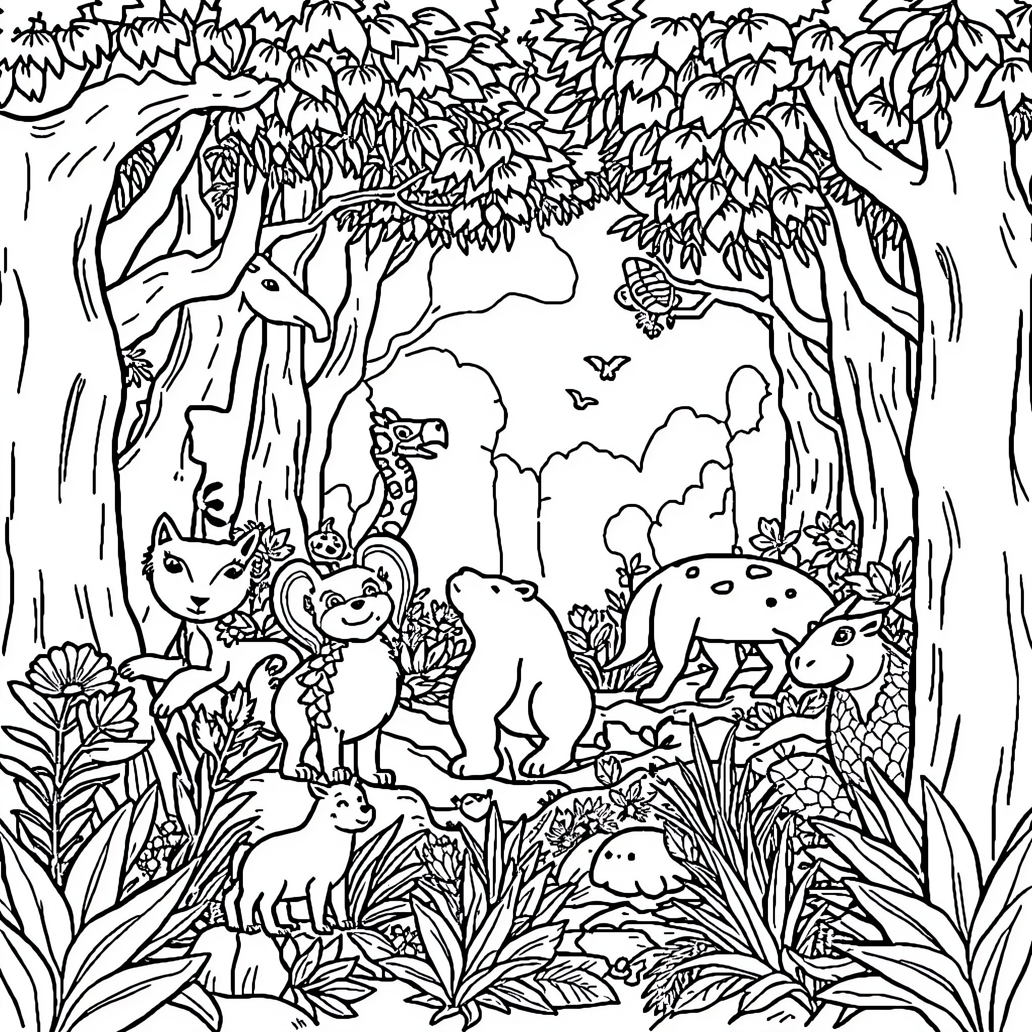 Animal gathering in the forest Coloring Page (free black-and-white line drawing printable PDF for all, from beginners to advanced learners, including children, teens, adults, and seniors)