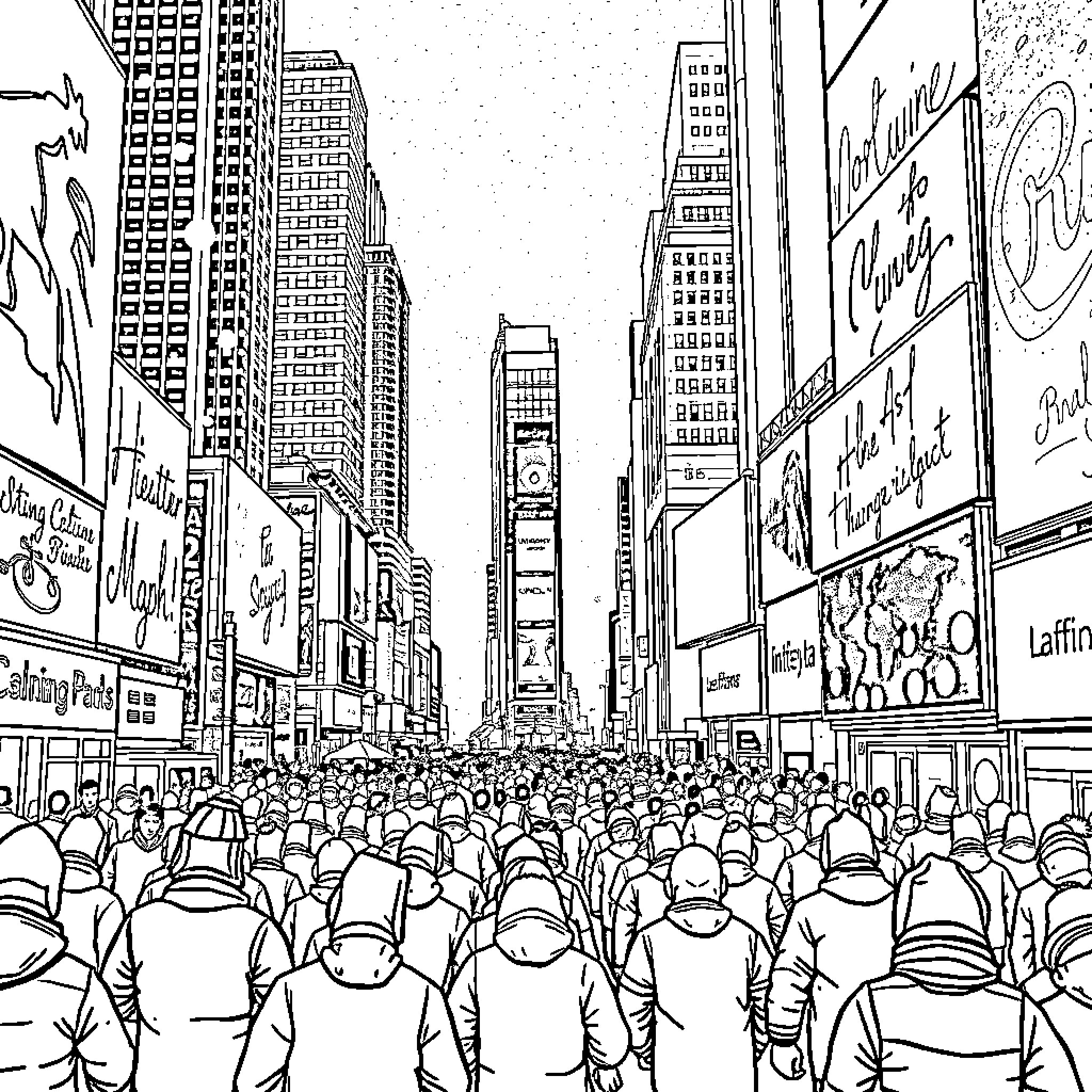 Snowfall in the bustling city streets Coloring Page (free black-and-white line drawing printable PDF for all, from beginners to advanced learners, including children, teens, adults, and seniors)