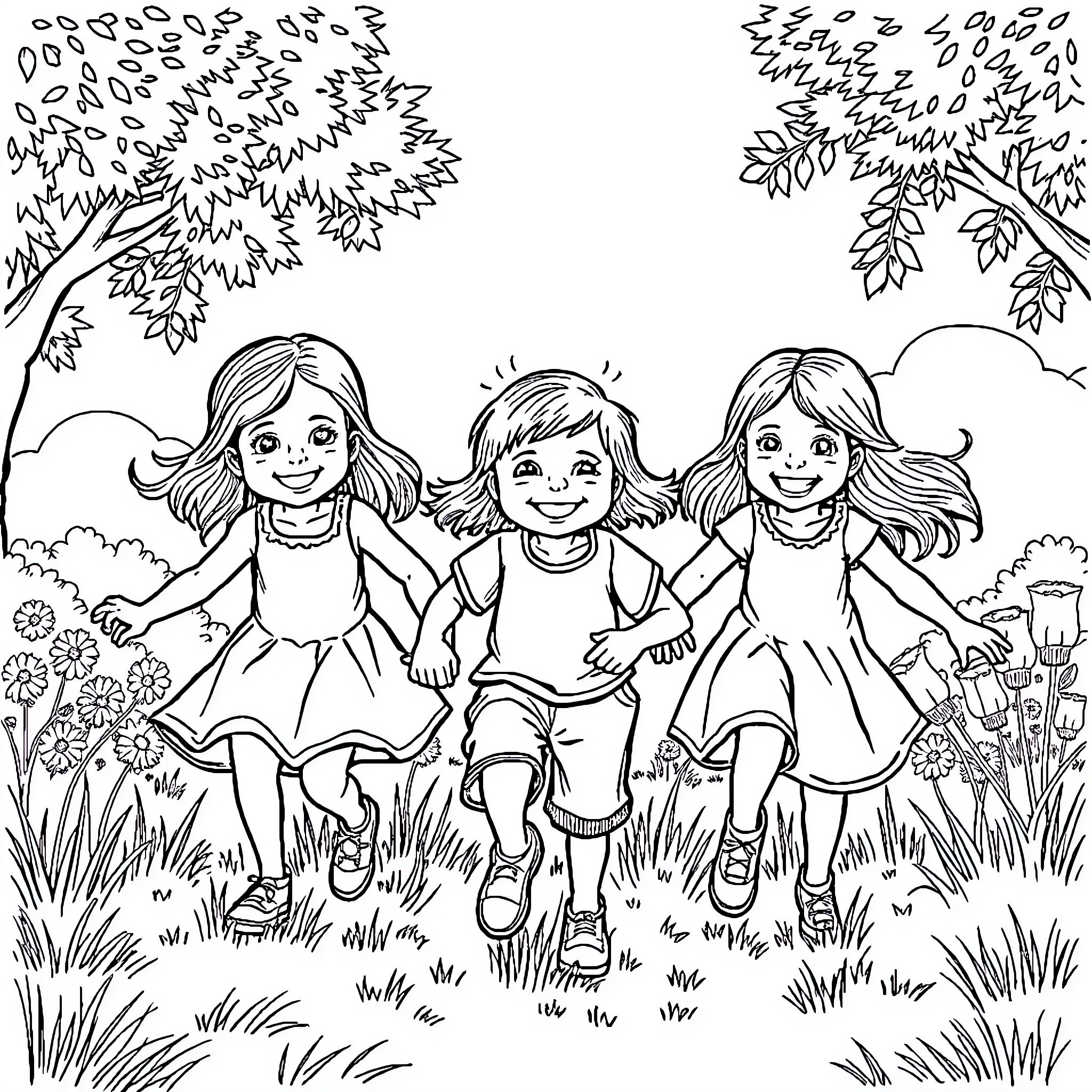 Girls playing happily in the park Coloring Page (free black-and-white line drawing printable PDF for all, from beginners to advanced learners, including children, teens, adults, and seniors)