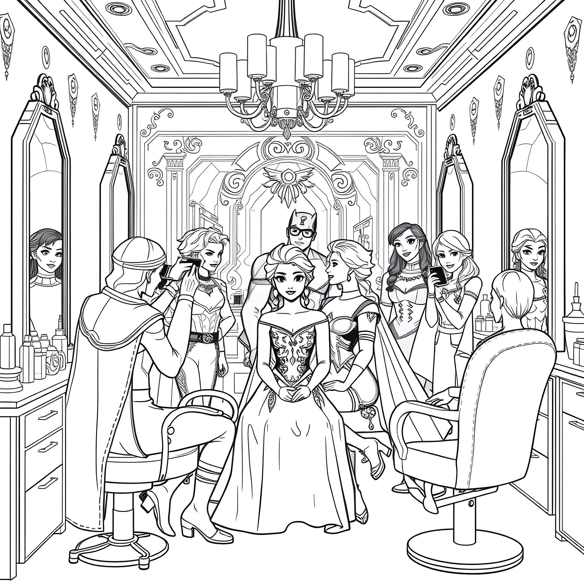 Avenger Heroines Gather for a Special Occasion Coloring Page (free black-and-white line drawing printable PDF for all, from beginners to advanced learners, including children, teens, adults, and seniors)