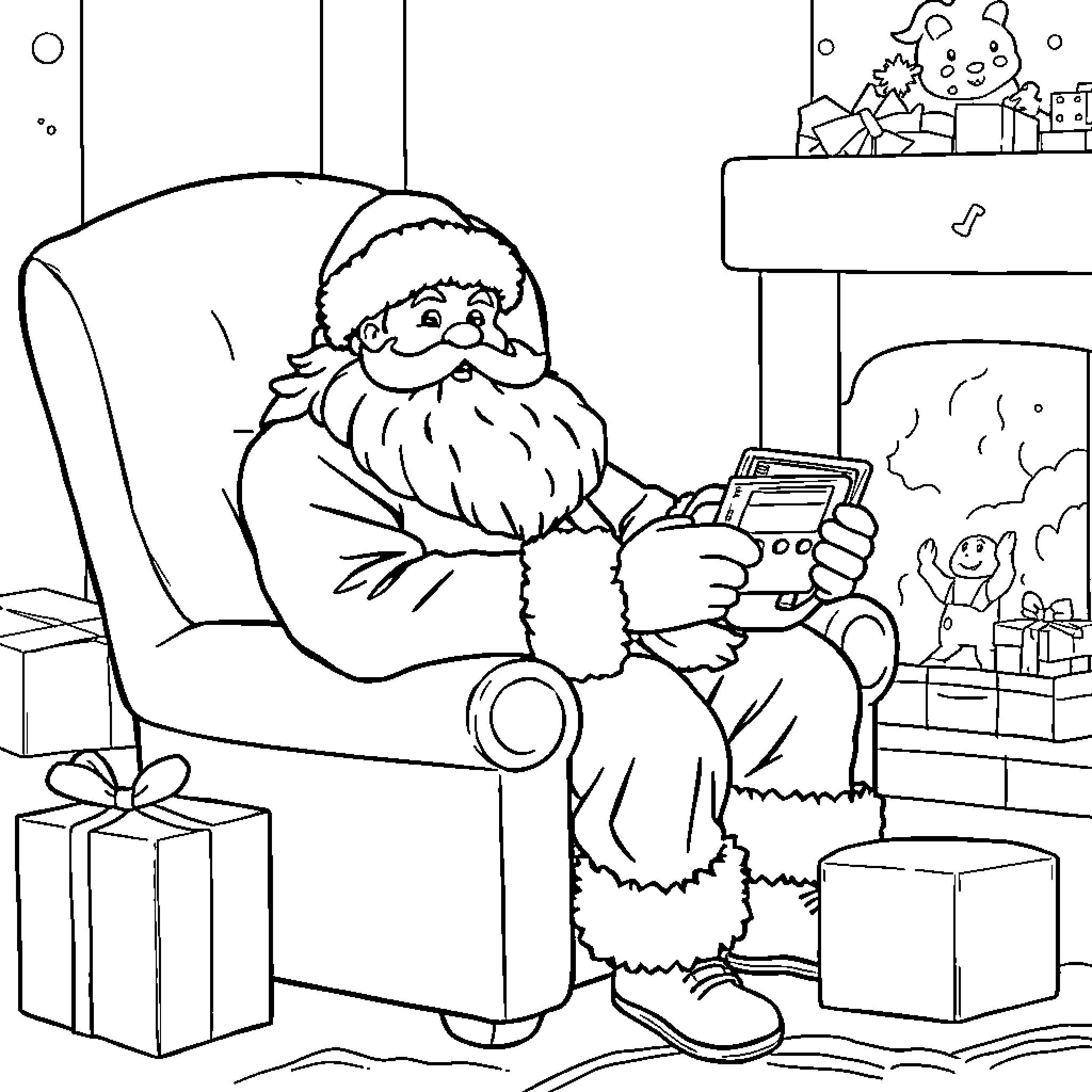 Santa relaxing on chair and using smartphone Coloring Page (free black-and-white line drawing printable PDF for all, from beginners to advanced learners, including children, teens, adults, and seniors)