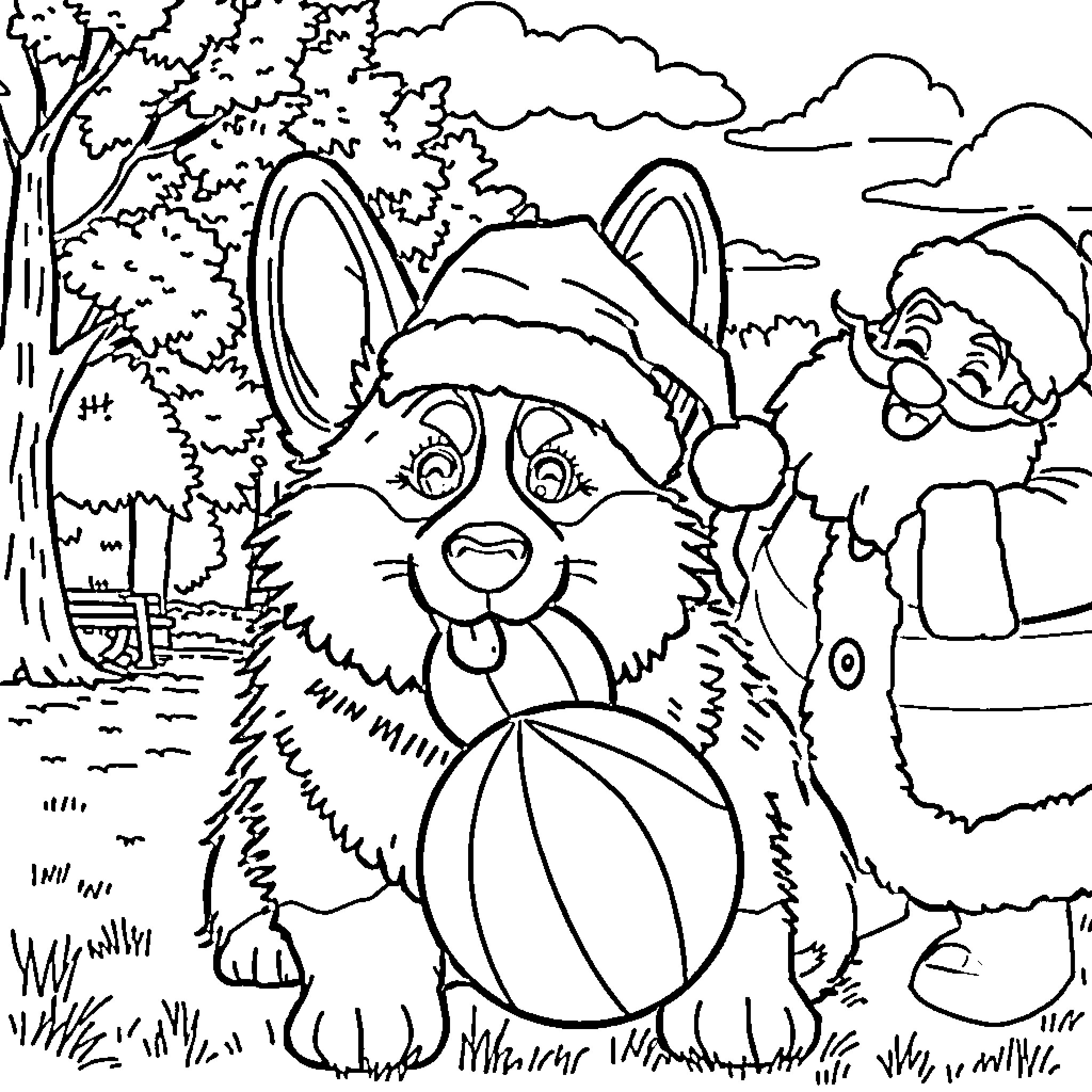 Corgi playing joyfully in the forest Coloring Page (free black-and-white line drawing printable PDF for all, from beginners to advanced learners, including children, teens, adults, and seniors)