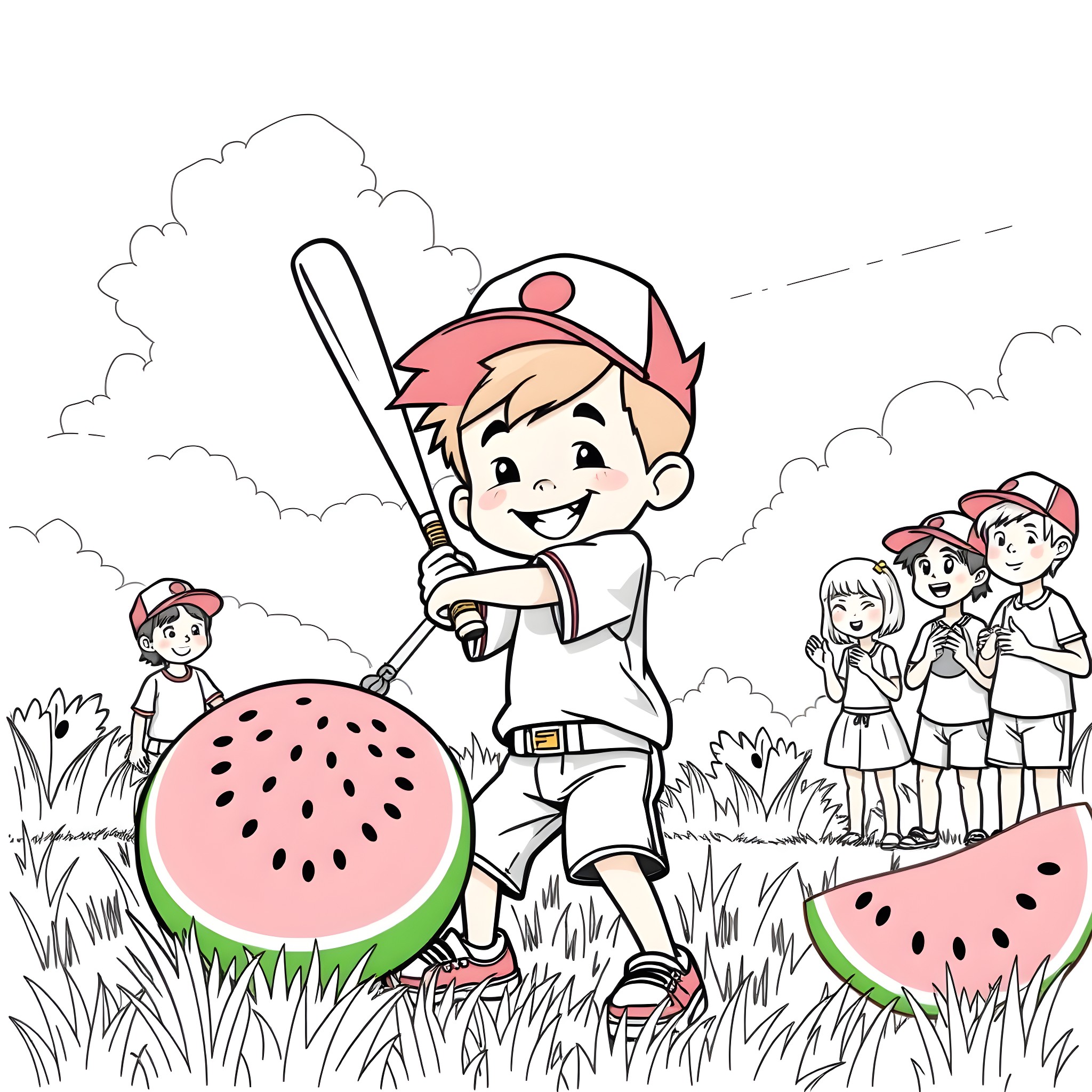 Boy playing baseball with watermelon in the field Coloring Page (free black-and-white line drawing printable PDF for all, from beginners to advanced learners, including children, teens, adults, and seniors)