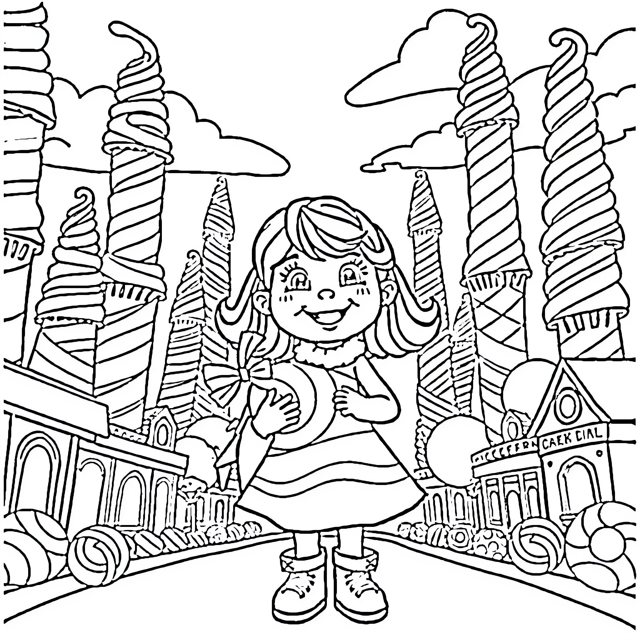 Candy Girl in a Whimsical Wonderland Coloring Page (free black-and-white line drawing printable PDF for all, from beginners to advanced learners, including children, teens, adults, and seniors)