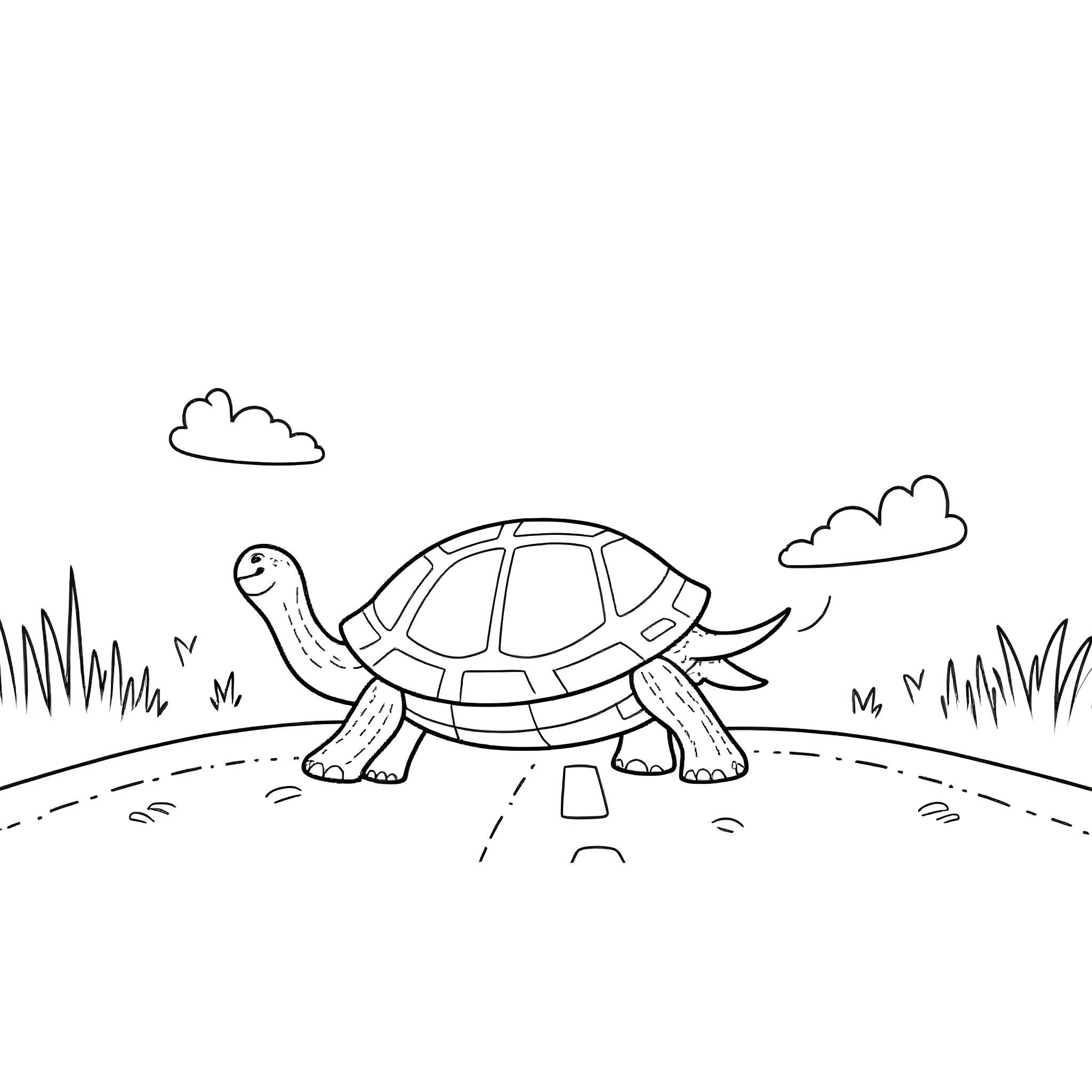 Turtle walking on a path in the park Coloring Page (free black-and-white line drawing printable PDF for all, from beginners to advanced learners, including children, teens, adults, and seniors)