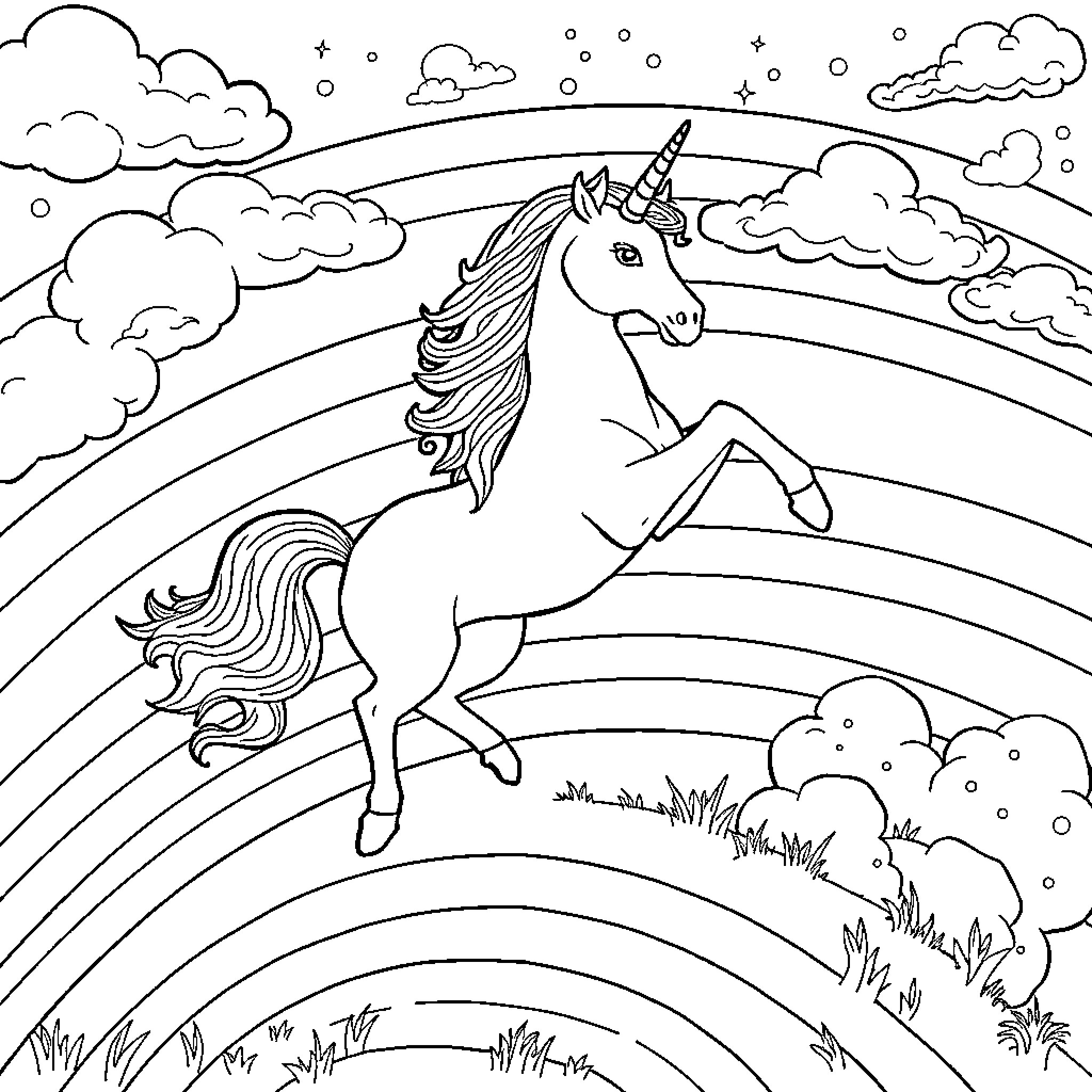Unicorn galloping through a magical landscape Coloring Page (free black-and-white line drawing printable PDF for all, from beginners to advanced learners, including children, teens, adults, and seniors)