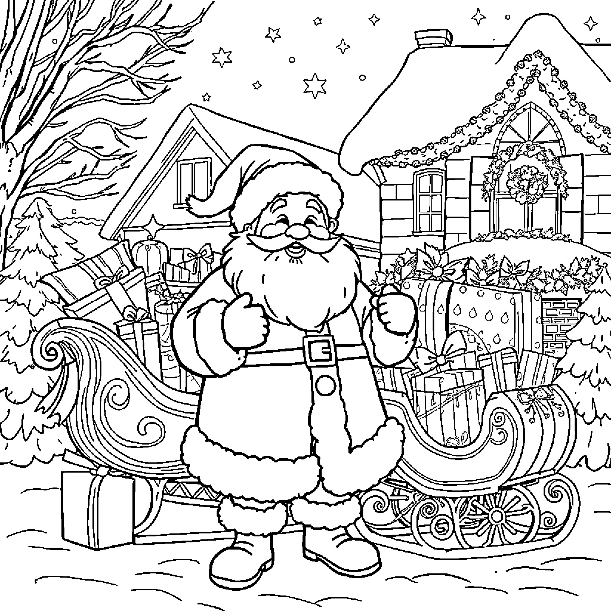 Père Noël delivering gifts on a snowy night Coloring Page (free black-and-white line drawing printable PDF for all, from beginners to advanced learners, including children, teens, adults, and seniors)