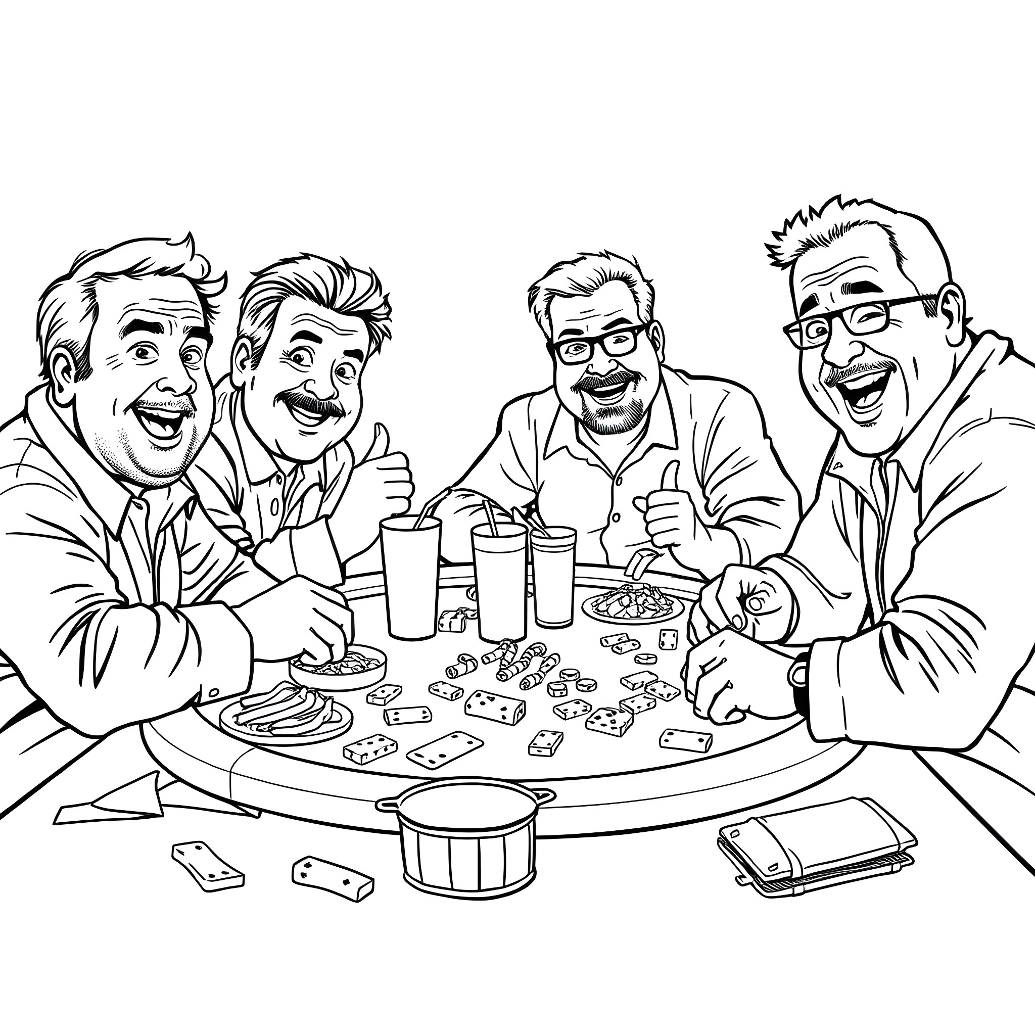 Poker game with enthusiastic friends Coloring Page (free black-and-white line drawing printable PDF for all, from beginners to advanced learners, including children, teens, adults, and seniors)