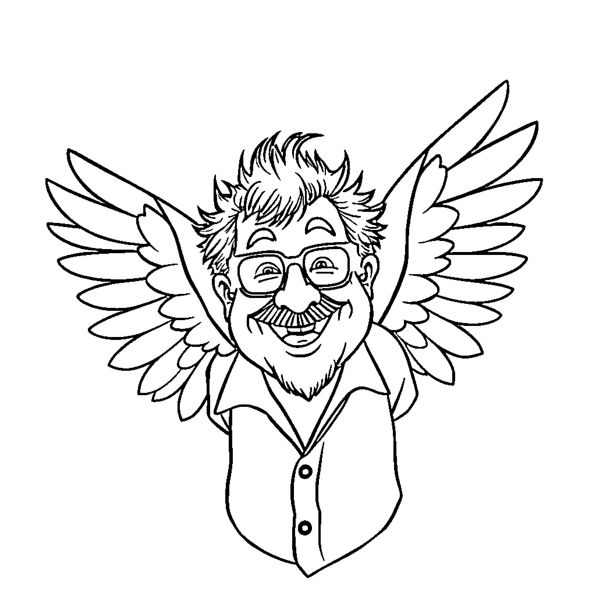 Danny DeVito as a whimsical winged character Coloring Page (free black-and-white line drawing printable PDF for all, from beginners to advanced learners, including children, teens, adults, and seniors)