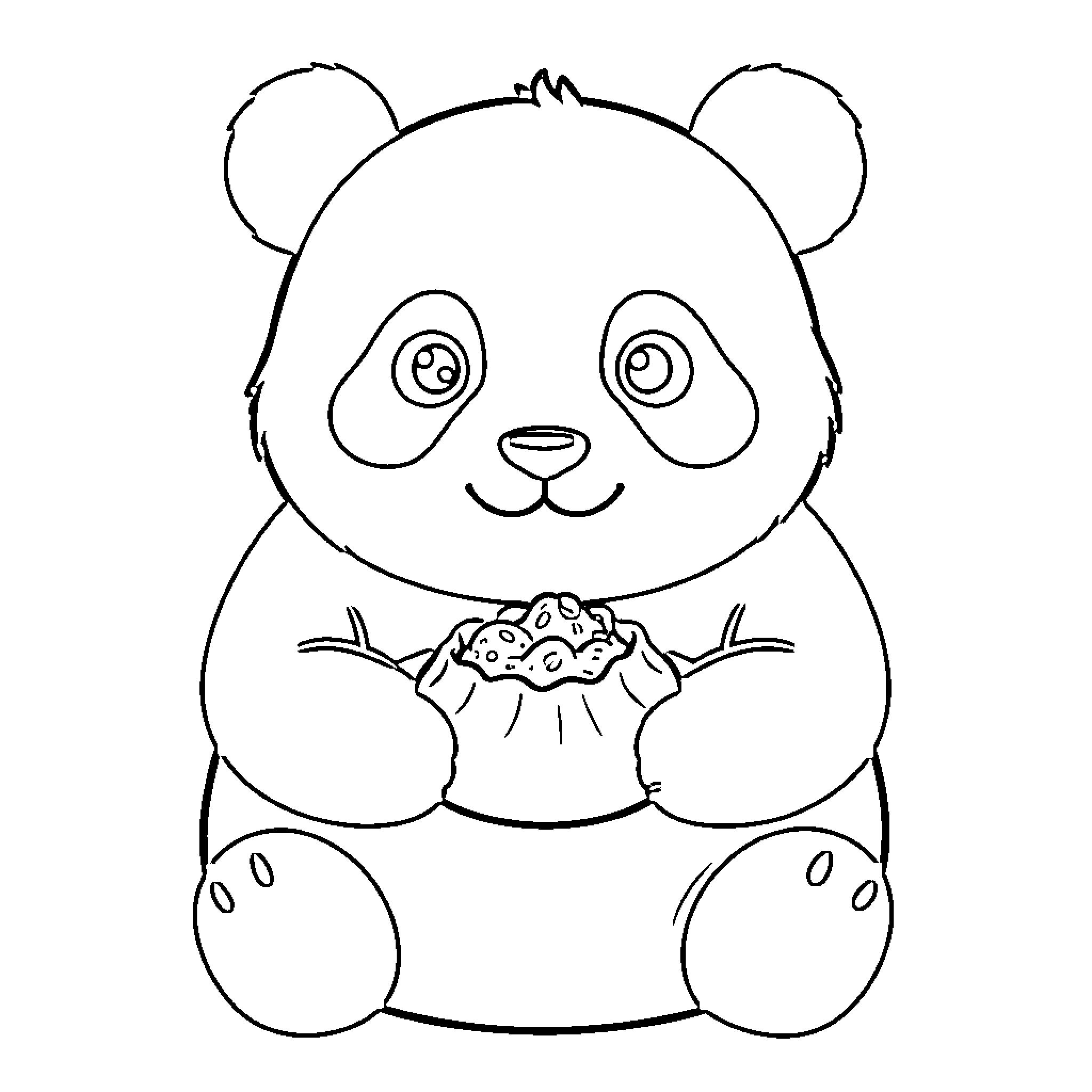 Panda holding a cupcake with a happy expression Coloring Page (free black-and-white line drawing printable PDF for all, from beginners to advanced learners, including children, teens, adults, and seniors)