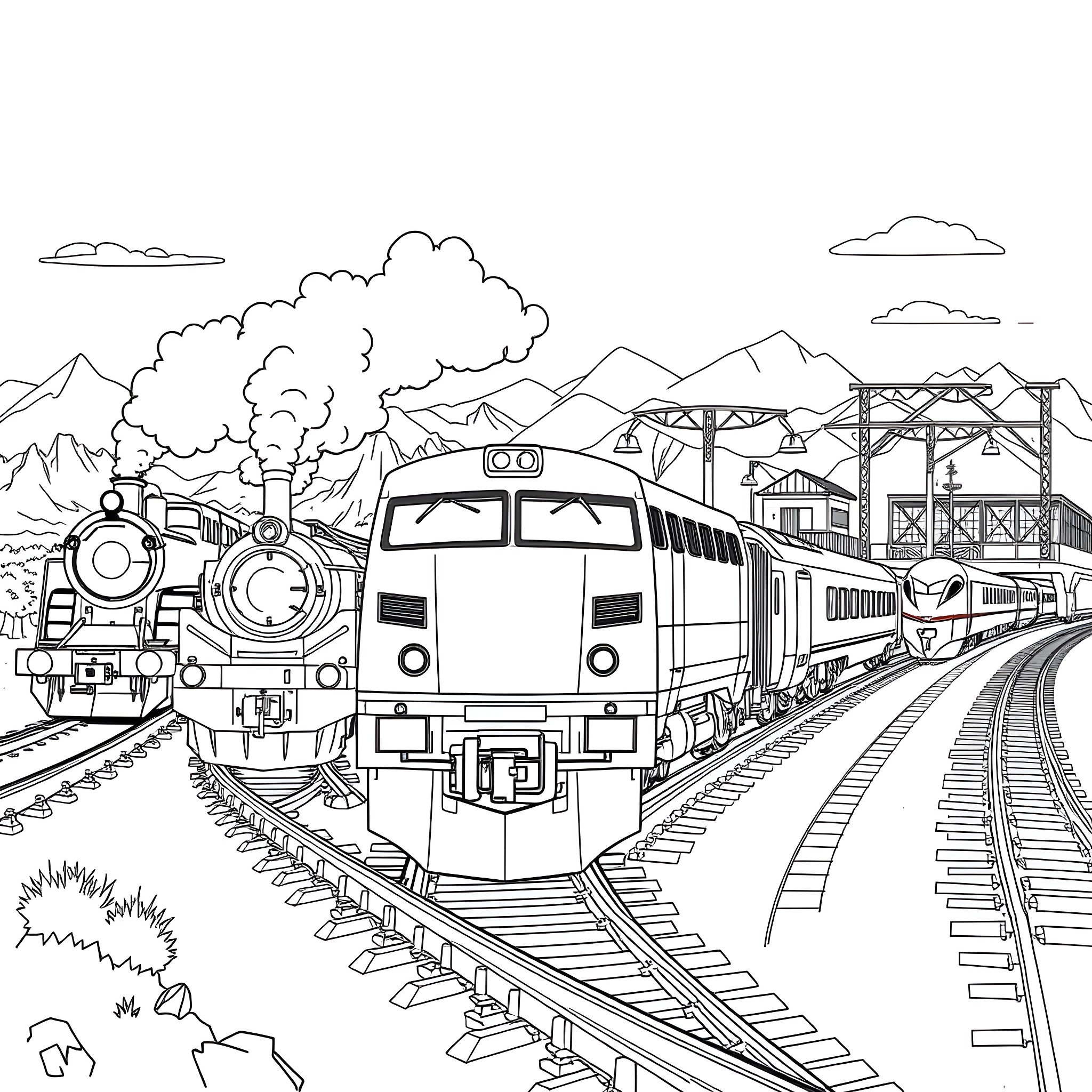 Train Passing Through Scenic Mountain Landscape Coloring Page (free black-and-white line drawing printable PDF for all, from beginners to advanced learners, including children, teens, adults, and seniors)