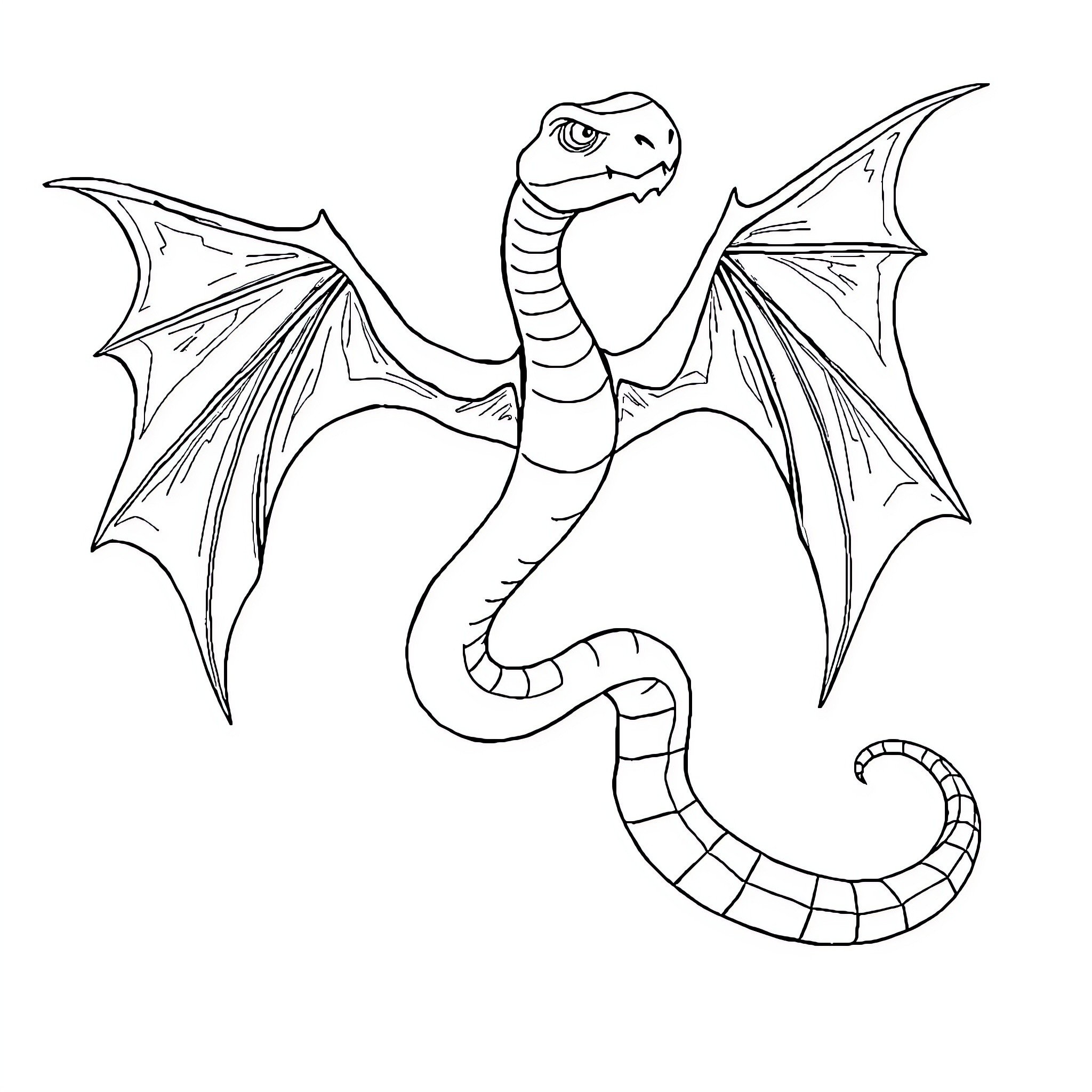 Snake Bat flying with outstretched wings Coloring Page (free black-and-white line drawing printable PDF for all, from beginners to advanced learners, including children, teens, adults, and seniors)