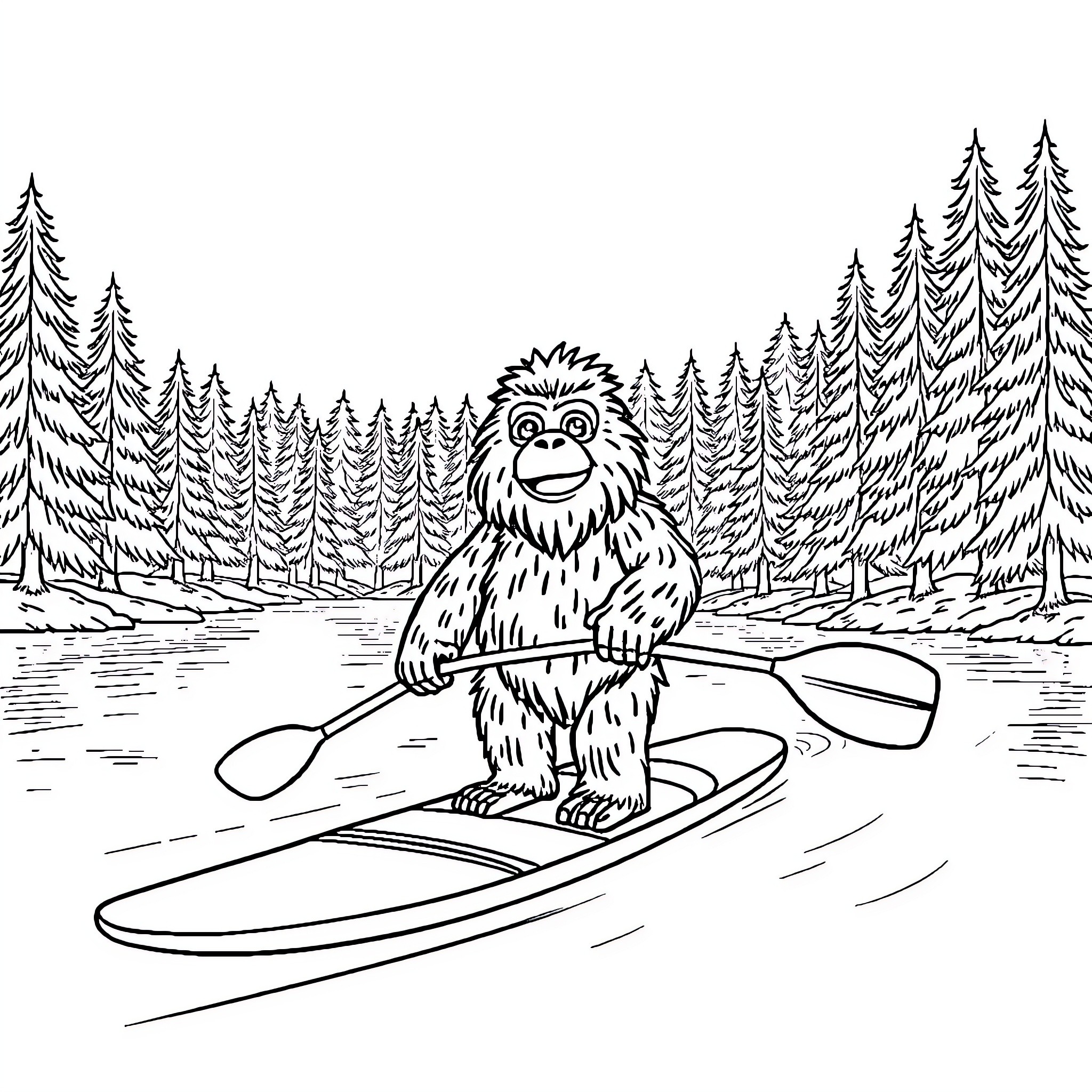 Yeti paddling a kayak in the forest Coloring Page (free black-and-white line drawing printable PDF for all, from beginners to advanced learners, including children, teens, adults, and seniors)