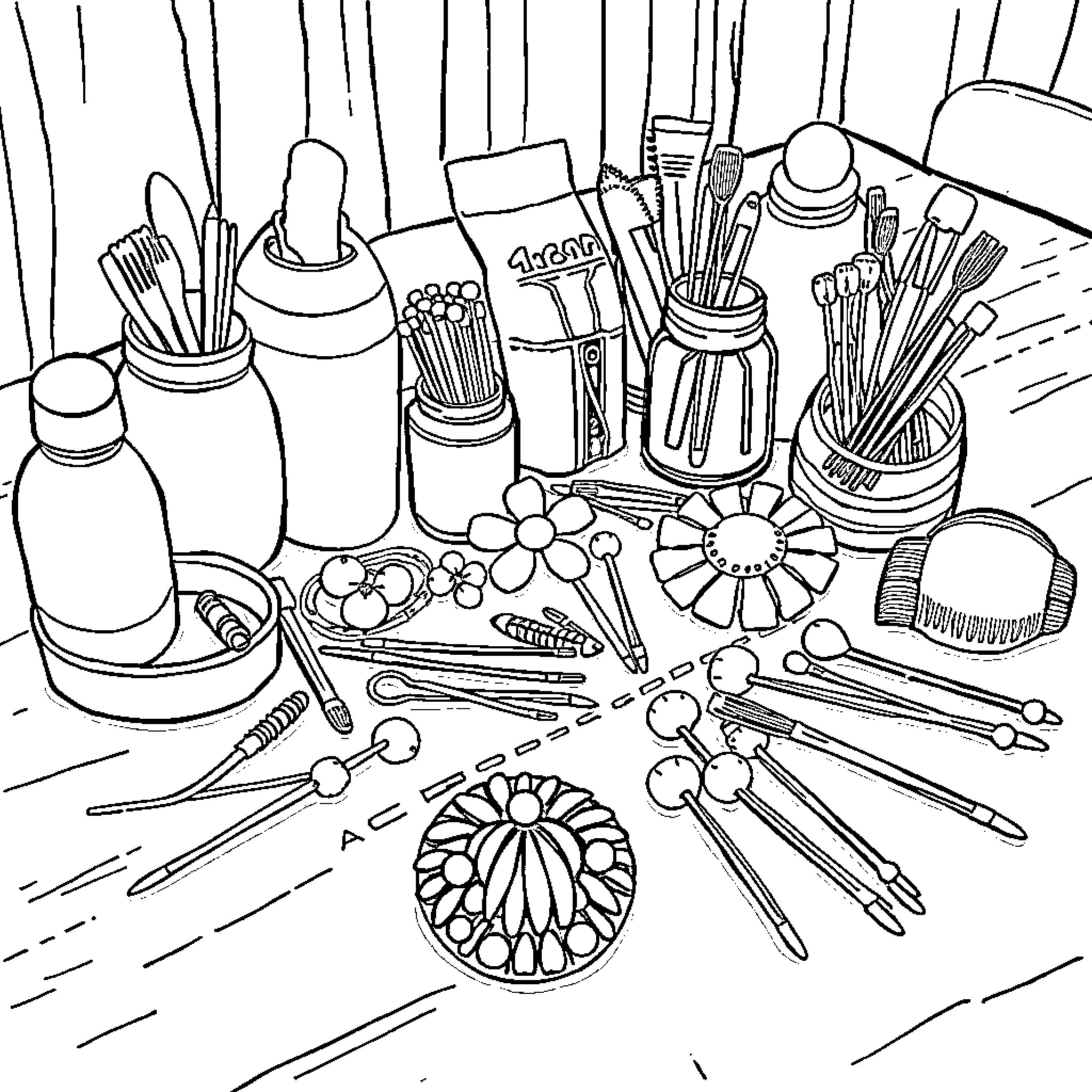 Bobbie Goods' Art Supplies and Tools Coloring Page (free black-and-white line drawing printable PDF for all, from beginners to advanced learners, including children, teens, adults, and seniors)