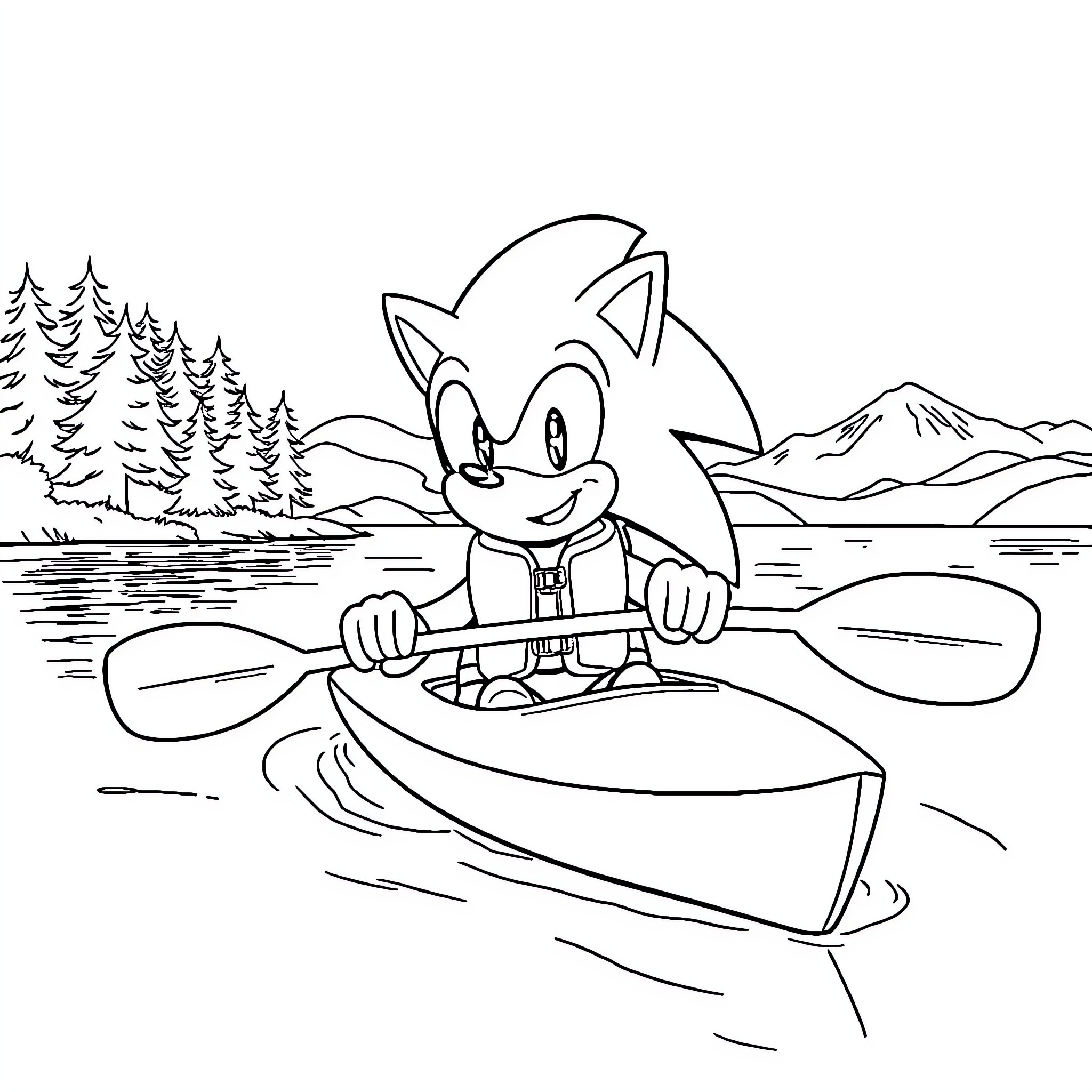 Sonic Enjoying a Relaxing Kayak Ride in Nature Coloring Page (free black-and-white line drawing printable PDF for all, from beginners to advanced learners, including children, teens, adults, and seniors)