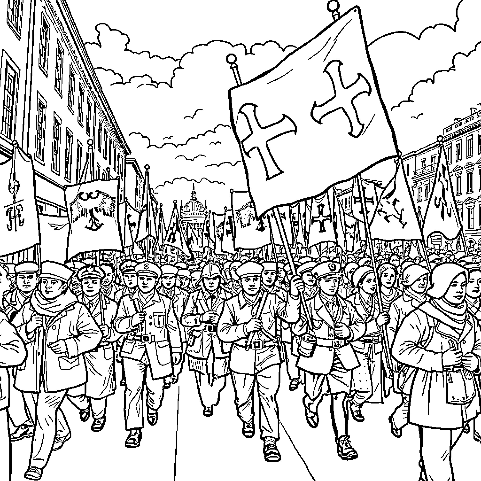 German Workers Party Rally with Uniforms and Flags Coloring Page (free black-and-white line drawing printable PDF for all, from beginners to advanced learners, including children, teens, adults, and seniors)