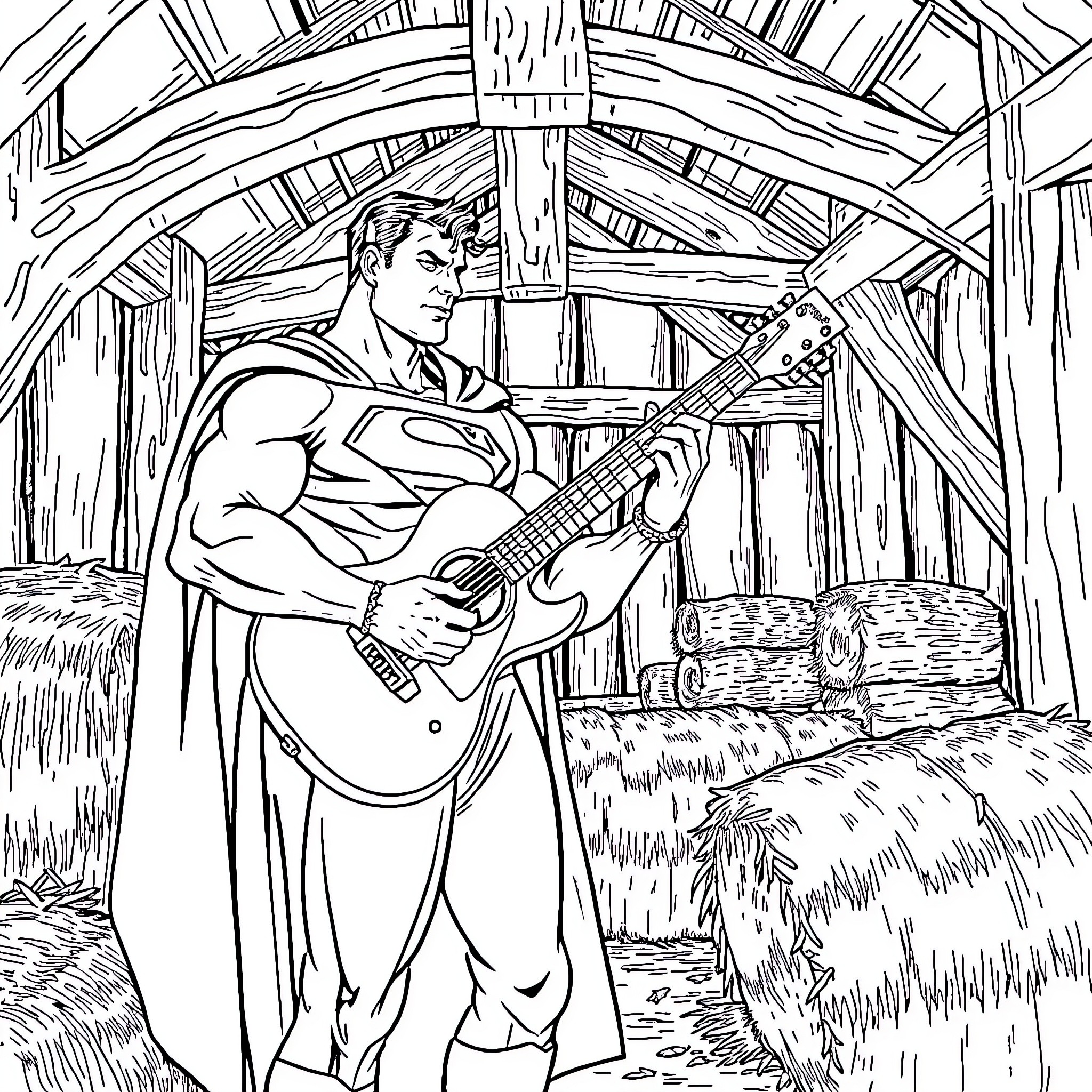 Superman Strums the Guitar in Rustic Cabin Coloring Page (free black-and-white line drawing printable PDF for all, from beginners to advanced learners, including children, teens, adults, and seniors)