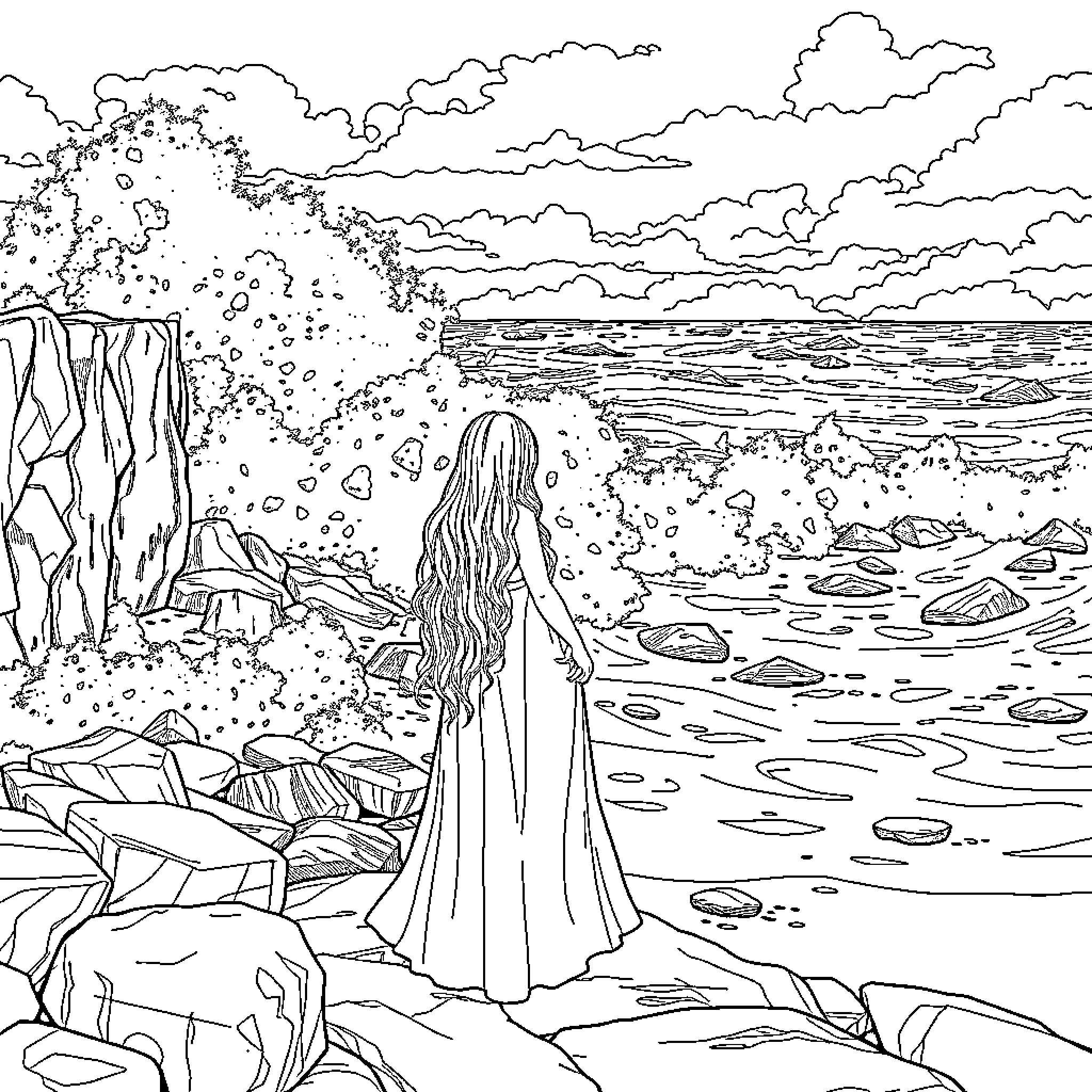 Phrolova's Contemplative Walk by the Cliffside Sea Coloring Page (free black-and-white line drawing printable PDF for all, from beginners to advanced learners, including children, teens, adults, and seniors)