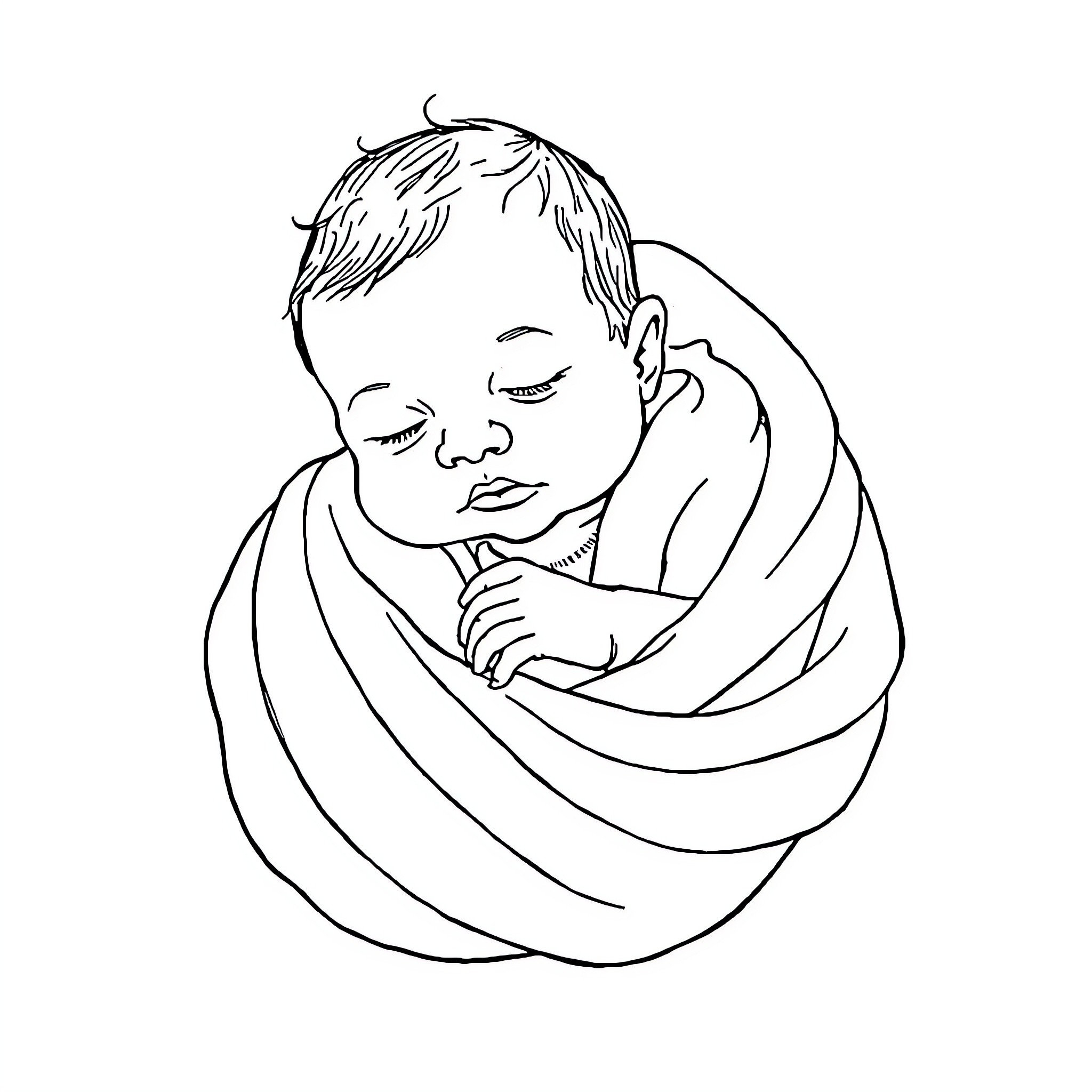 Baby Girl Sleeping Peacefully in Blanket Coloring Page (free black-and-white line drawing printable PDF for all, from beginners to advanced learners, including children, teens, adults, and seniors)