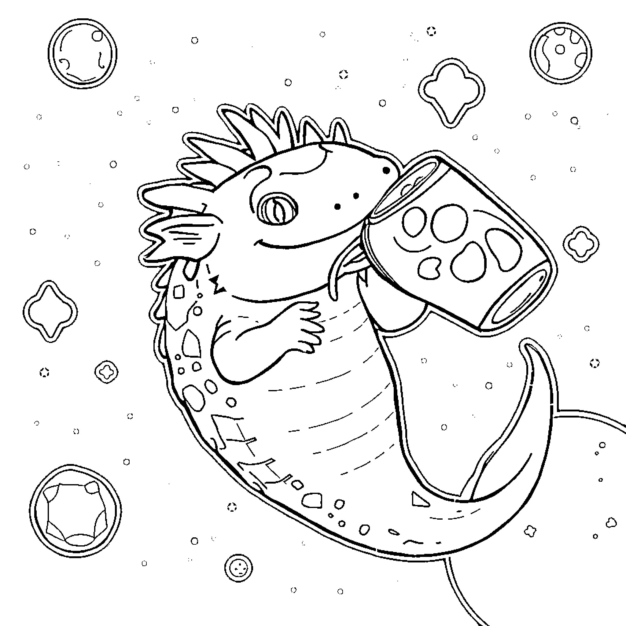 Axolotl swimming in the cosmos Coloring Page (free black-and-white line drawing printable PDF for all, from beginners to advanced learners, including children, teens, adults, and seniors)