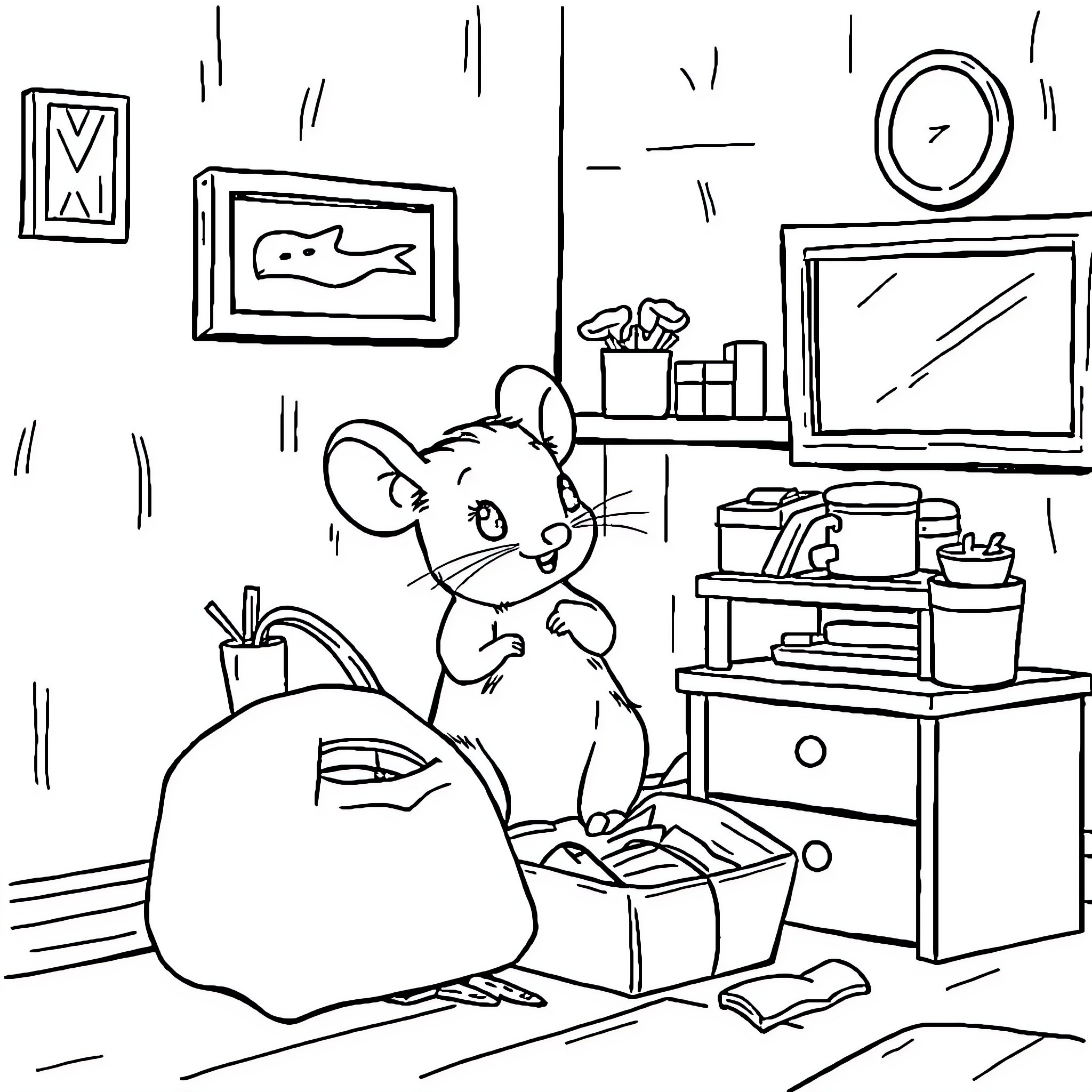 Mouse exploring a cozy indoor space Coloring Page (free black-and-white line drawing printable PDF for all, from beginners to advanced learners, including children, teens, adults, and seniors)