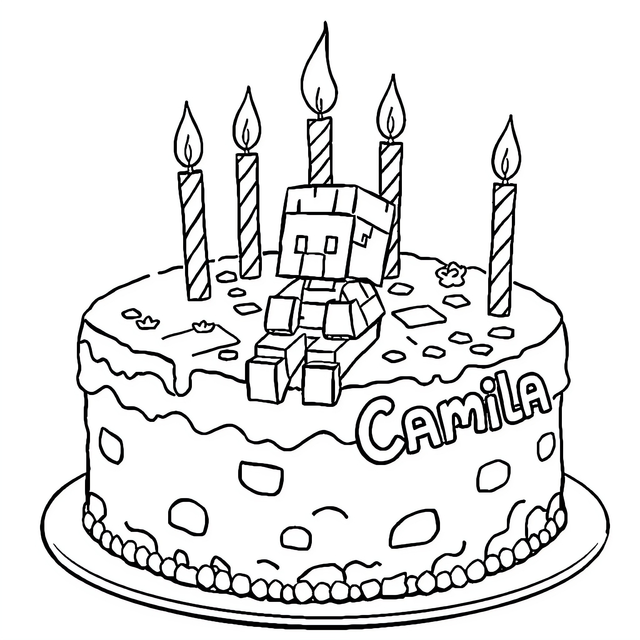 Cake with Robot Figurine and Candles Coloring Page (free black-and-white line drawing printable PDF for all, from beginners to advanced learners, including children, teens, adults, and seniors)