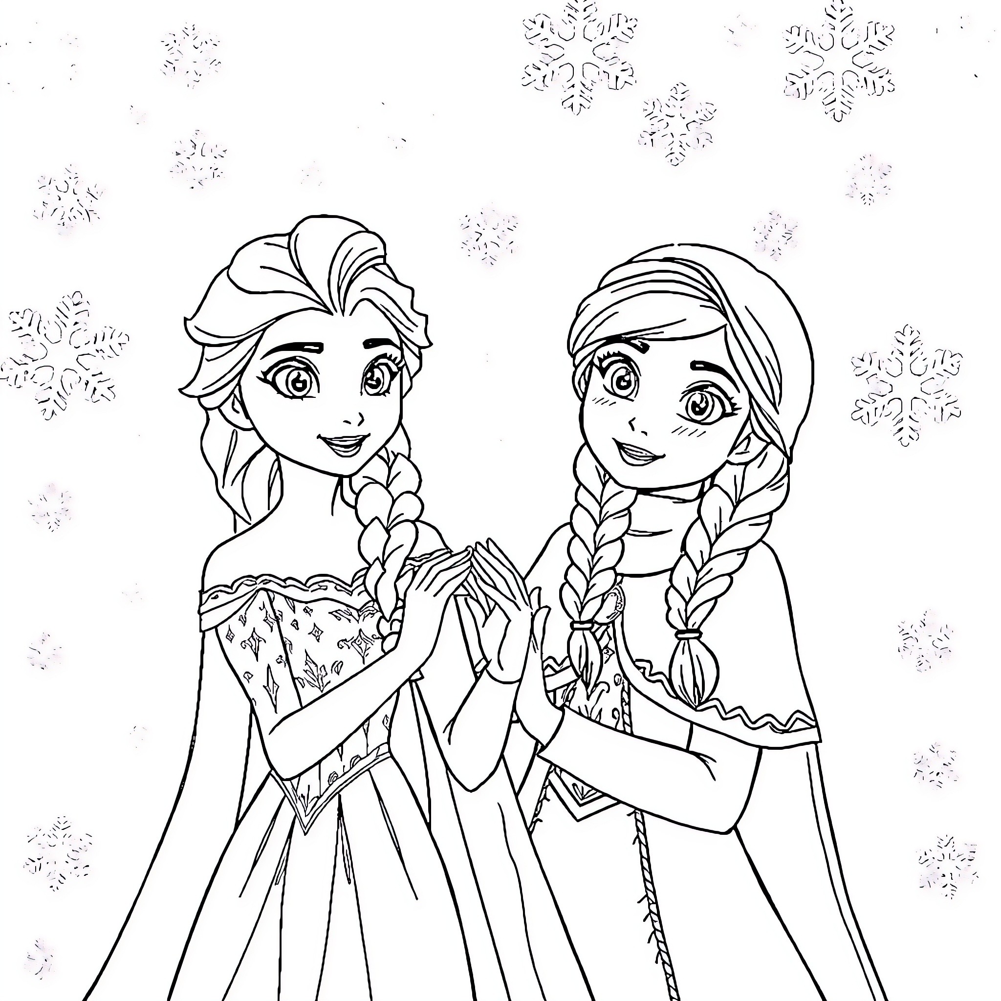Elsa and Anna enjoying the winter wonderland Coloring Page (free black-and-white line drawing printable PDF for all, from beginners to advanced learners, including children, teens, adults, and seniors)
