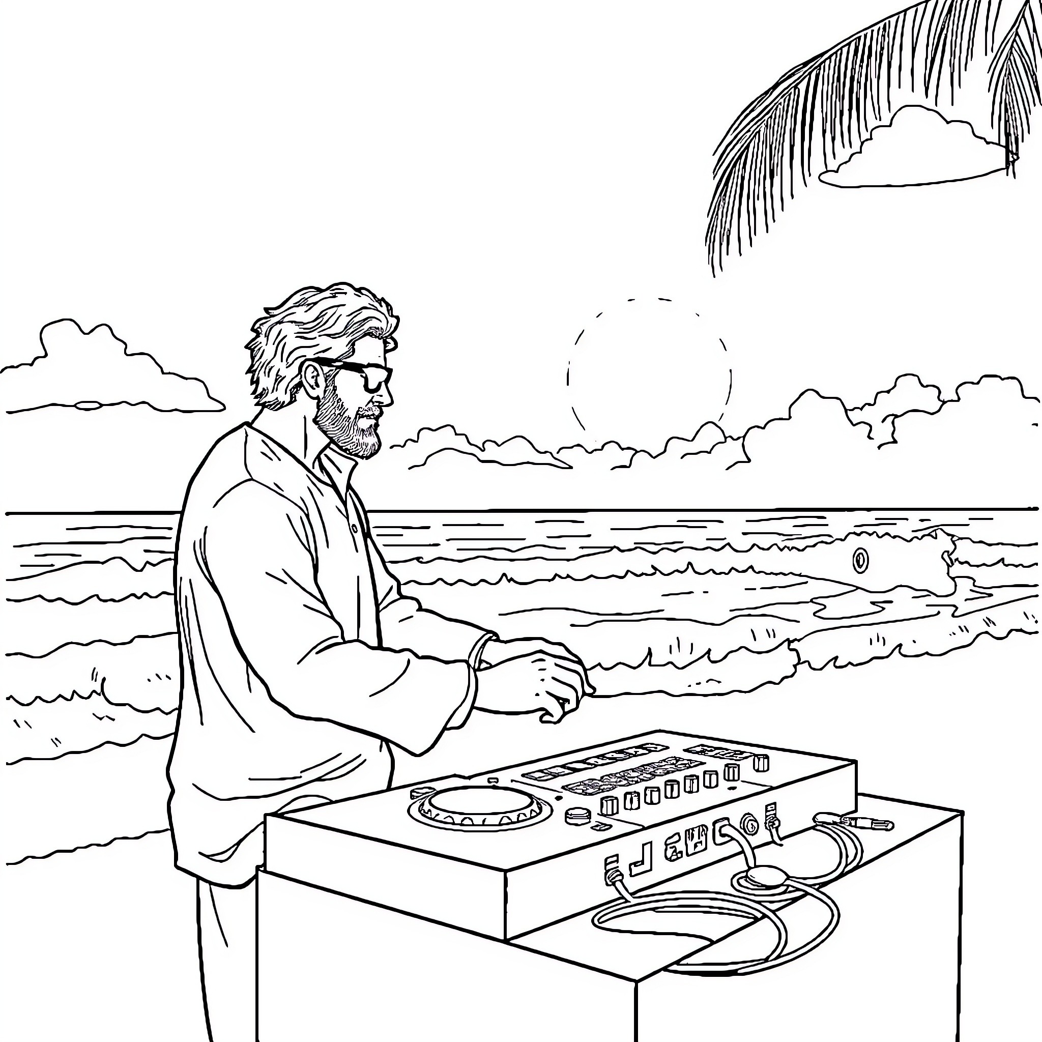 DJ spinning beats on the beach at sunset Coloring Page (free black-and-white line drawing printable PDF for all, from beginners to advanced learners, including children, teens, adults, and seniors)
