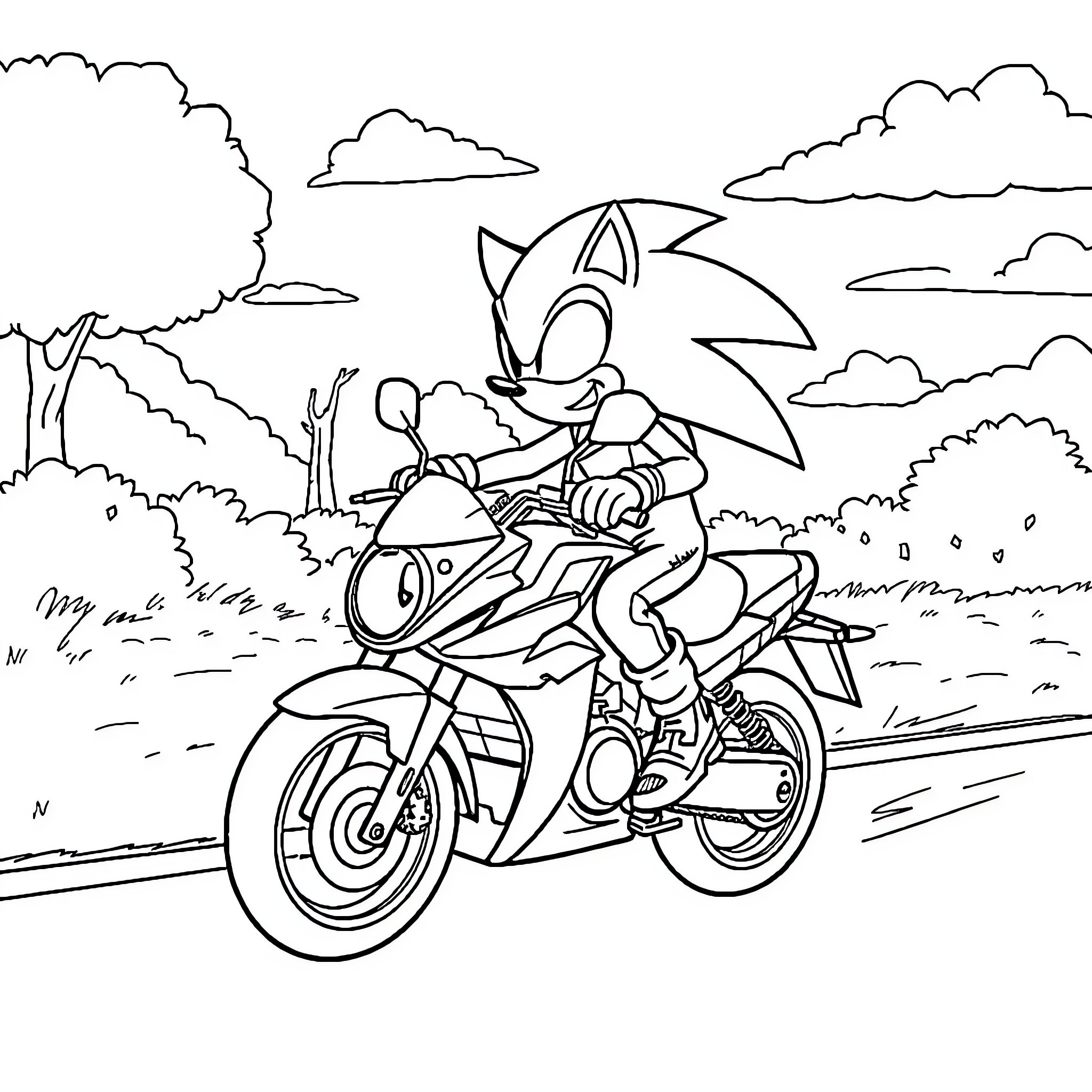 Sonic speeding on a motorcycle through the countryside Coloring Page (free black-and-white line drawing printable PDF for all, from beginners to advanced learners, including children, teens, adults, and seniors)