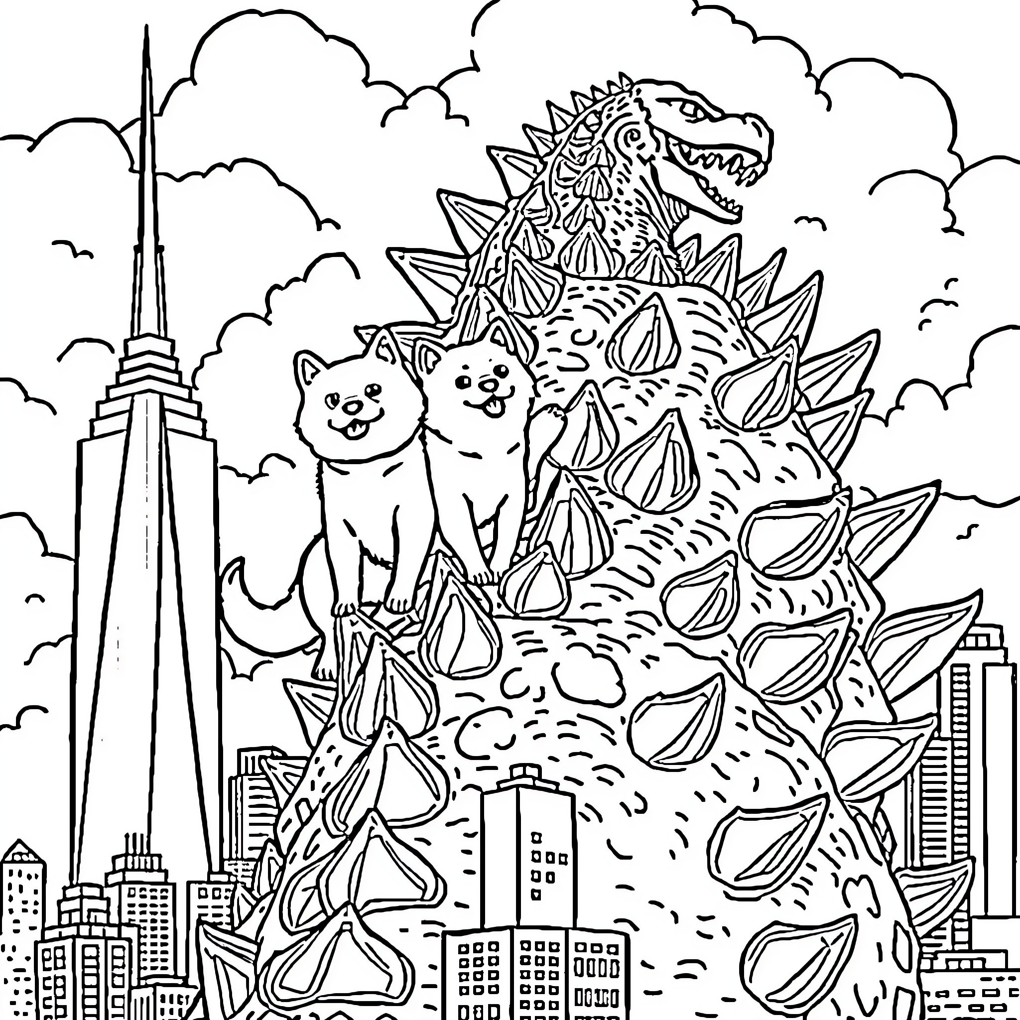 Shiba dogs watching a giant monster attack the city Coloring Page (free black-and-white line drawing printable PDF for all, from beginners to advanced learners, including children, teens, adults, and seniors)