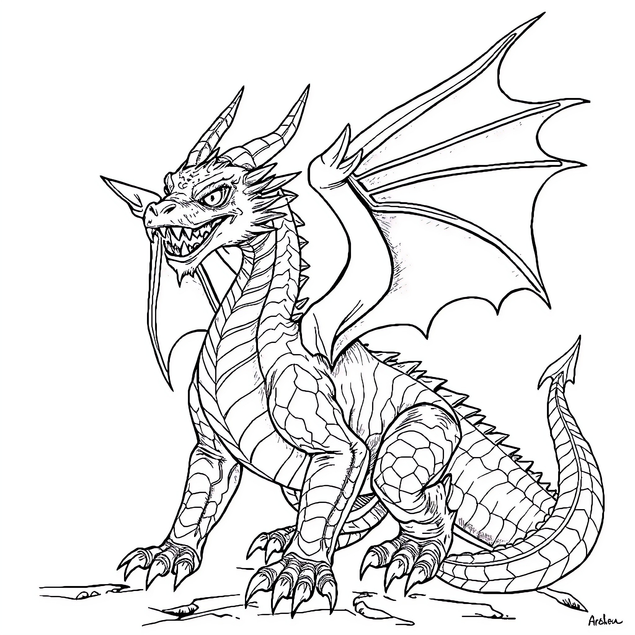 Dragon Baring Fangs and Spreading Wings Coloring Page (free black-and-white line drawing printable PDF for all, from beginners to advanced learners, including children, teens, adults, and seniors)