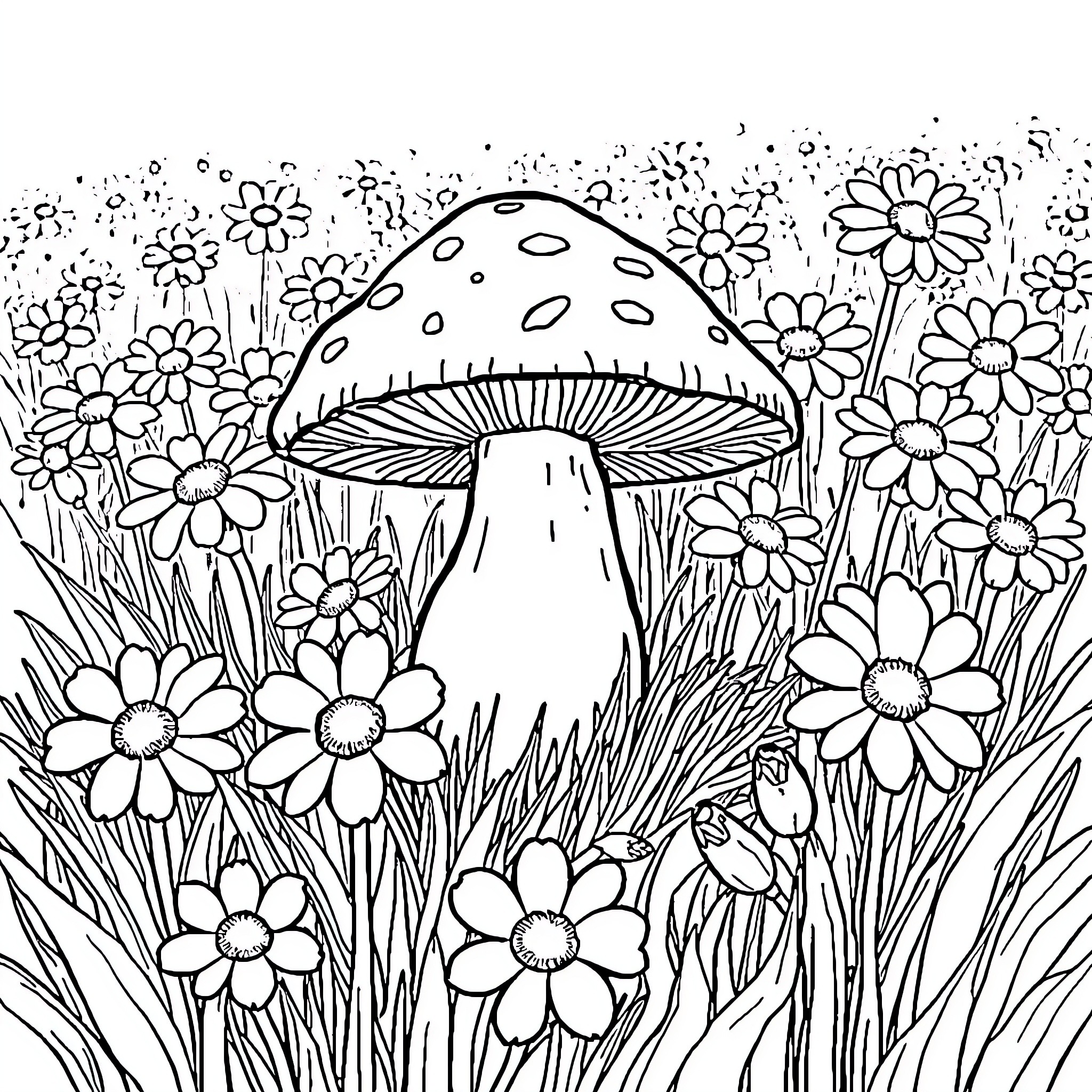 Mushroom garden blooming with flowers Coloring Page (free black-and-white line drawing printable PDF for all, from beginners to advanced learners, including children, teens, adults, and seniors)