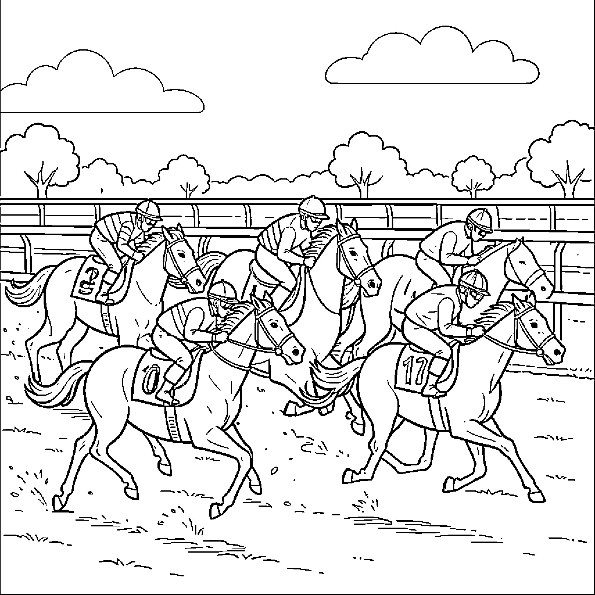 Race Horse Competition on a Racetrack Coloring Page (free black-and-white line drawing printable PDF for all, from beginners to advanced learners, including children, teens, adults, and seniors)
