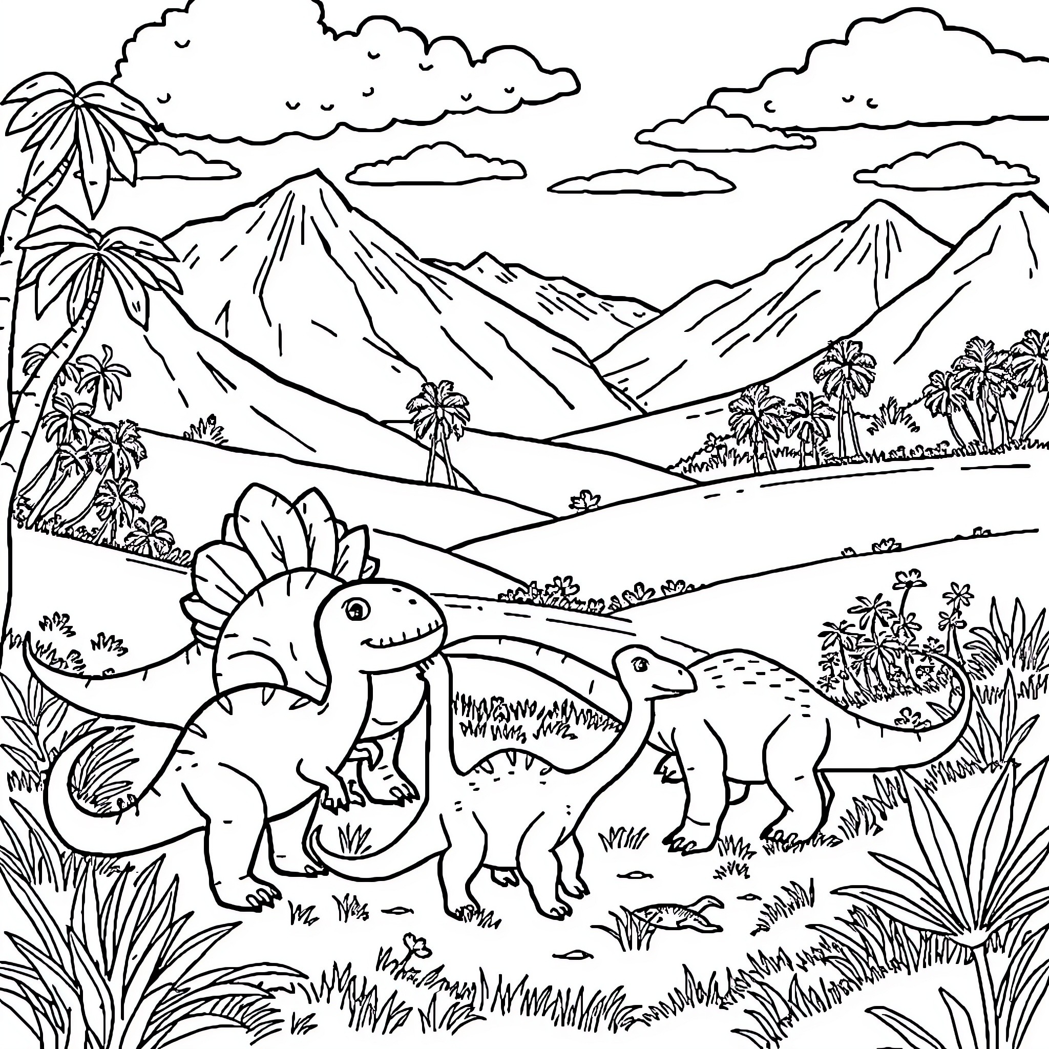 Dinosaurs exploring the prehistoric landscape Coloring Page (free black-and-white line drawing printable PDF for all, from beginners to advanced learners, including children, teens, adults, and seniors)