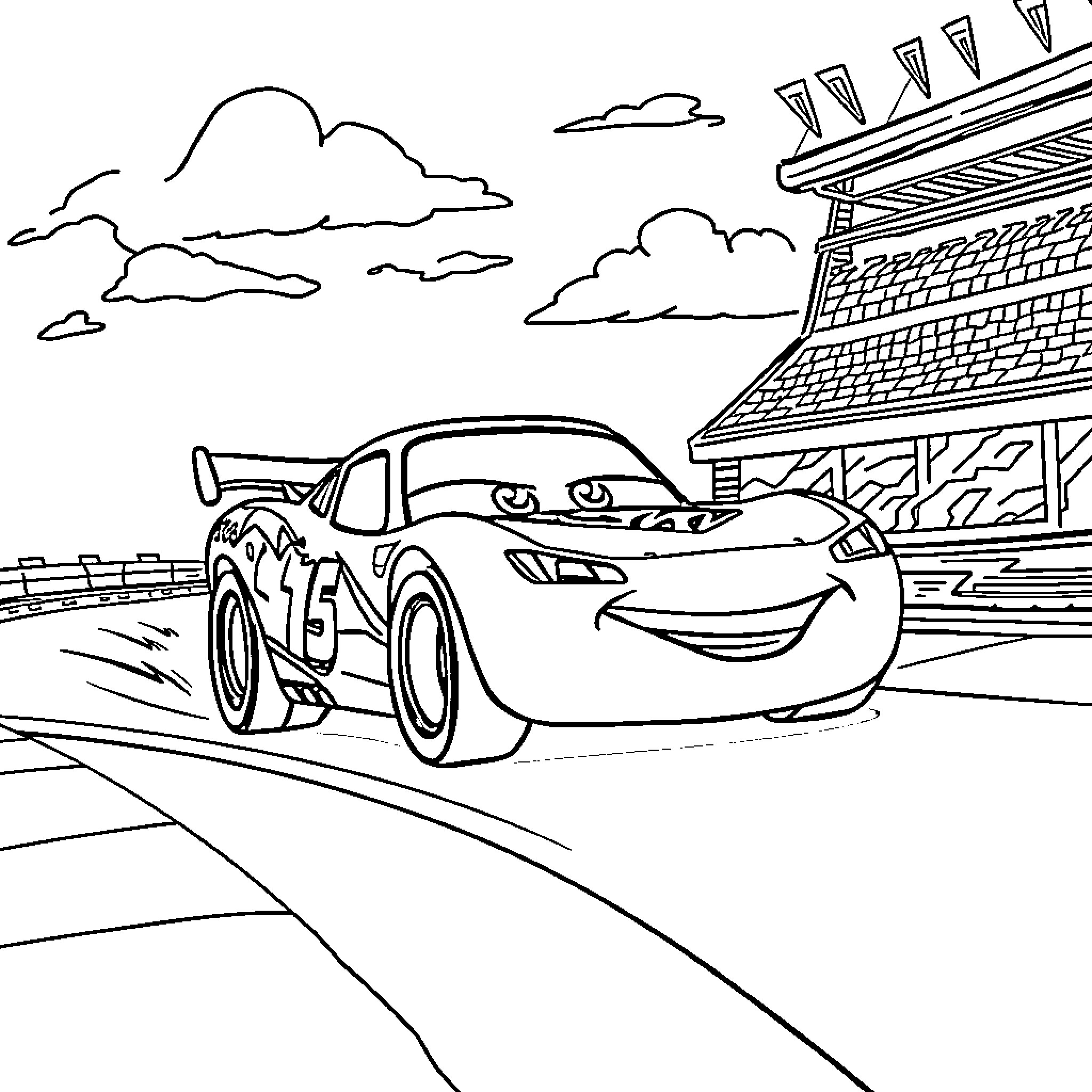 Lightning McQueen speeding through the racetrack Coloring Page (free black-and-white line drawing printable PDF for all, from beginners to advanced learners, including children, teens, adults, and seniors)