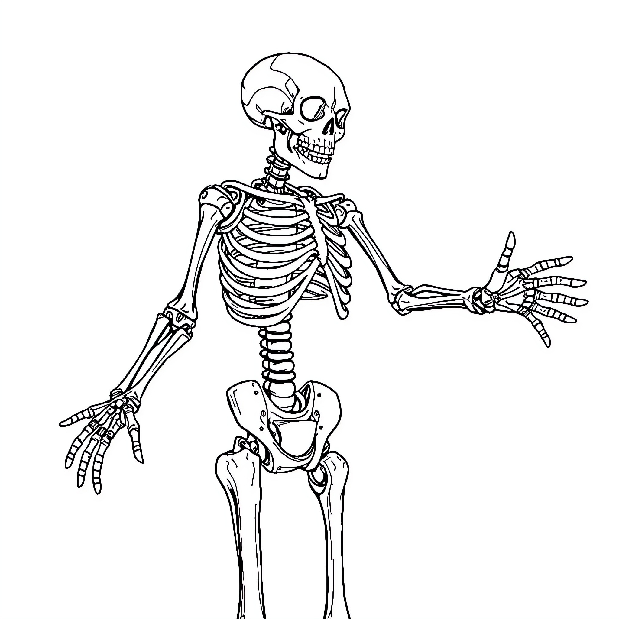 Robot Skeleton in Eerie Pose Coloring Page (free black-and-white line drawing printable PDF for all, from beginners to advanced learners, including children, teens, adults, and seniors)