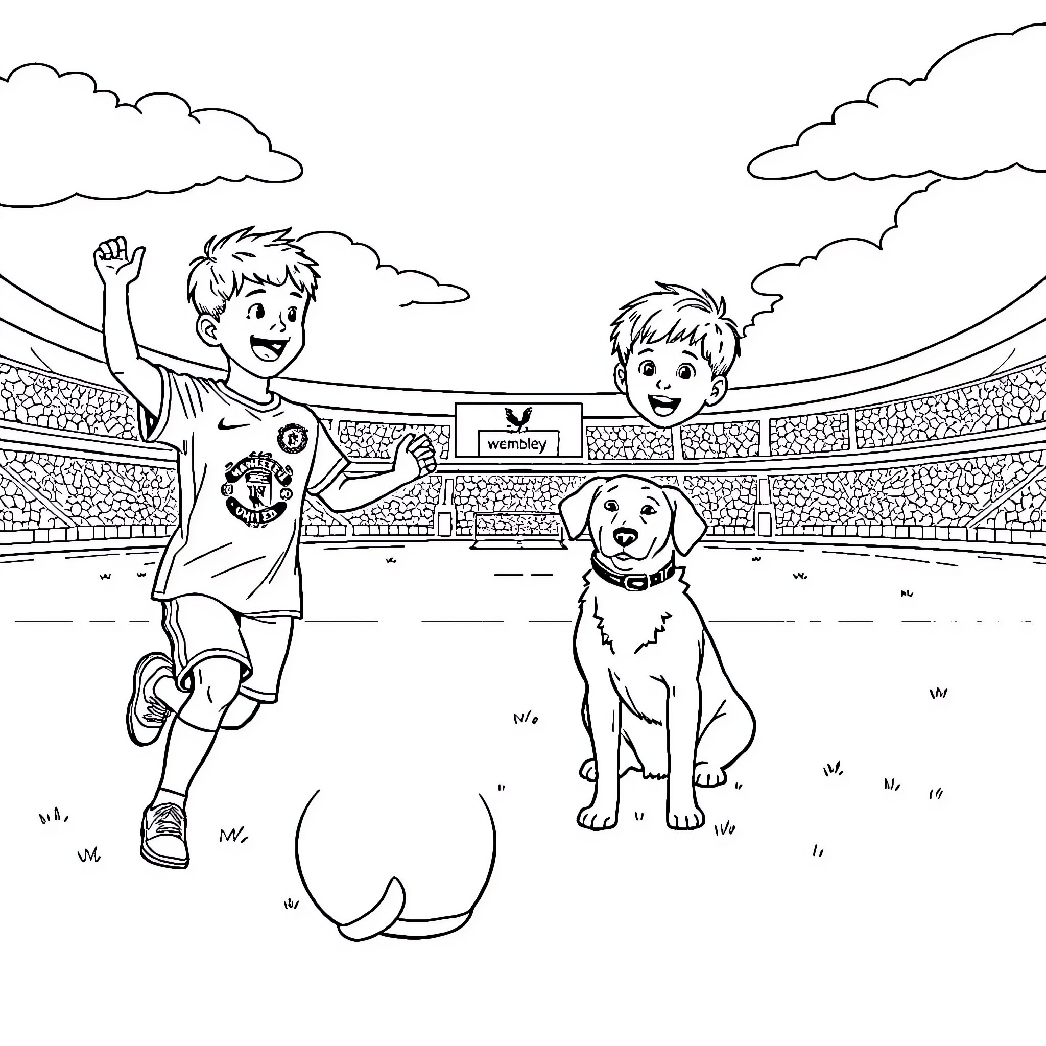 Boy celebrates victory on the sports field with dog Coloring Page (free black-and-white line drawing printable PDF for all, from beginners to advanced learners, including children, teens, adults, and seniors)