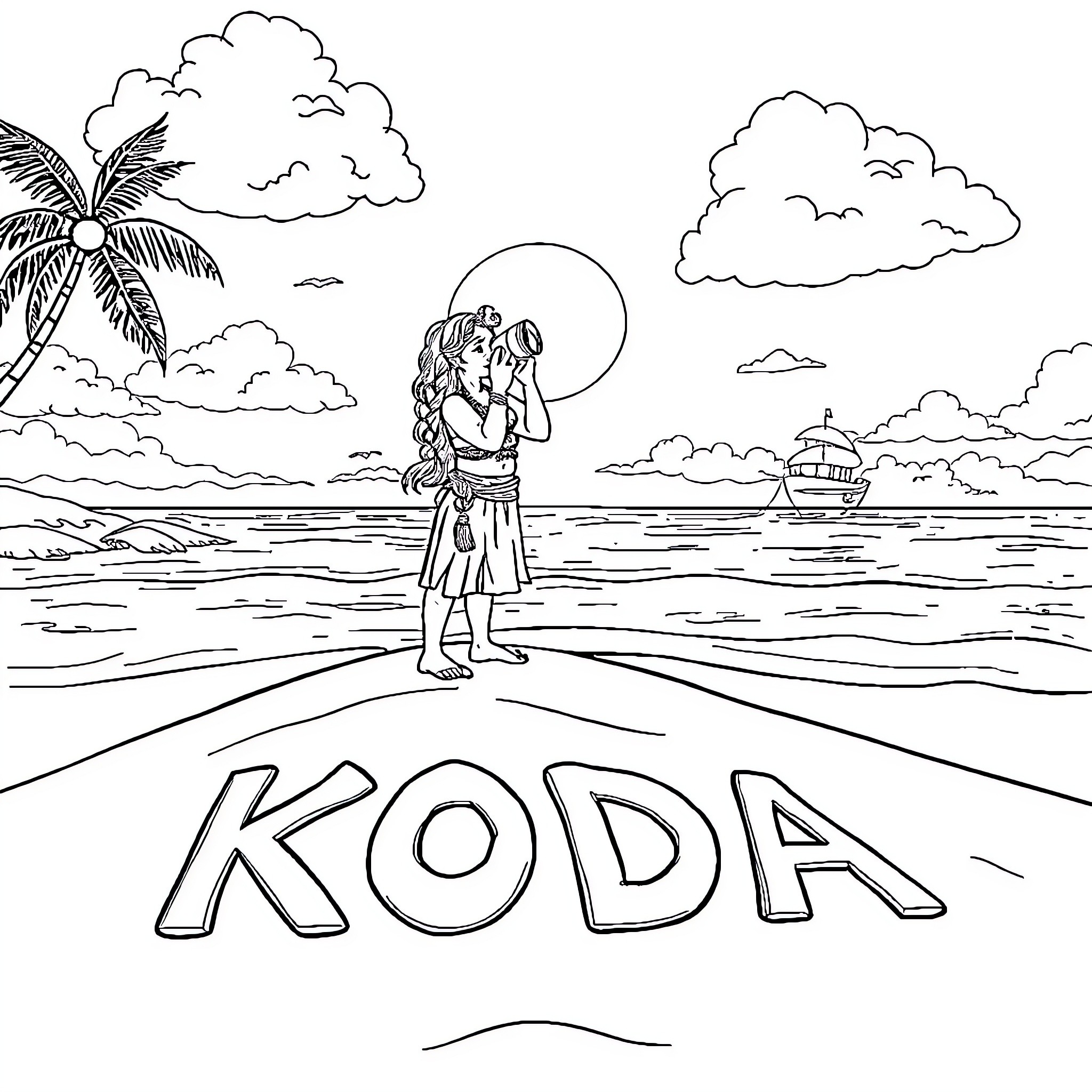 Camera captures woman exploring tropical beach scene Coloring Page (free black-and-white line drawing printable PDF for all, from beginners to advanced learners, including children, teens, adults, and seniors)