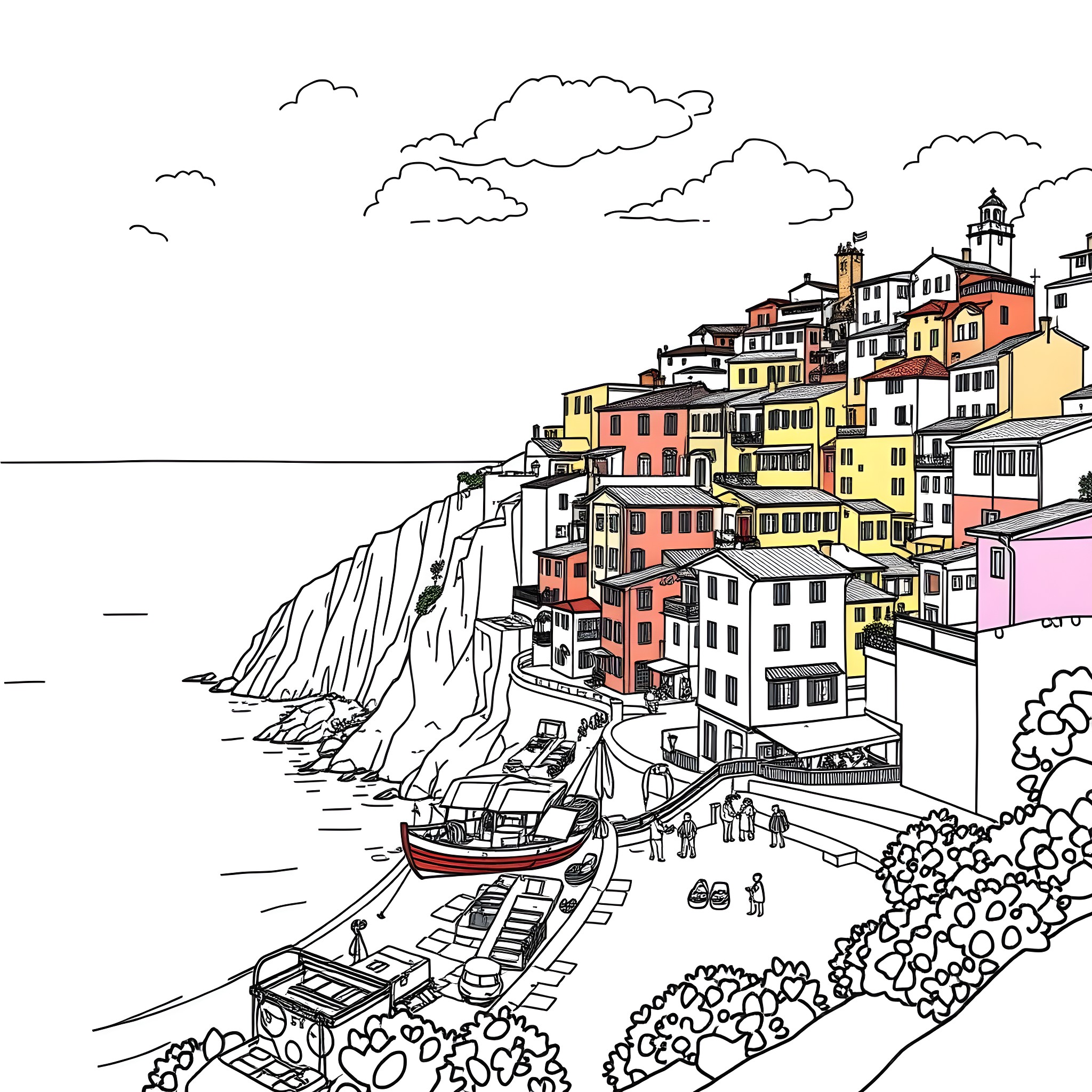 Village with Colorful Houses and Boats on the Waterfront Coloring Page (free black-and-white line drawing printable PDF for all, from beginners to advanced learners, including children, teens, adults, and seniors)