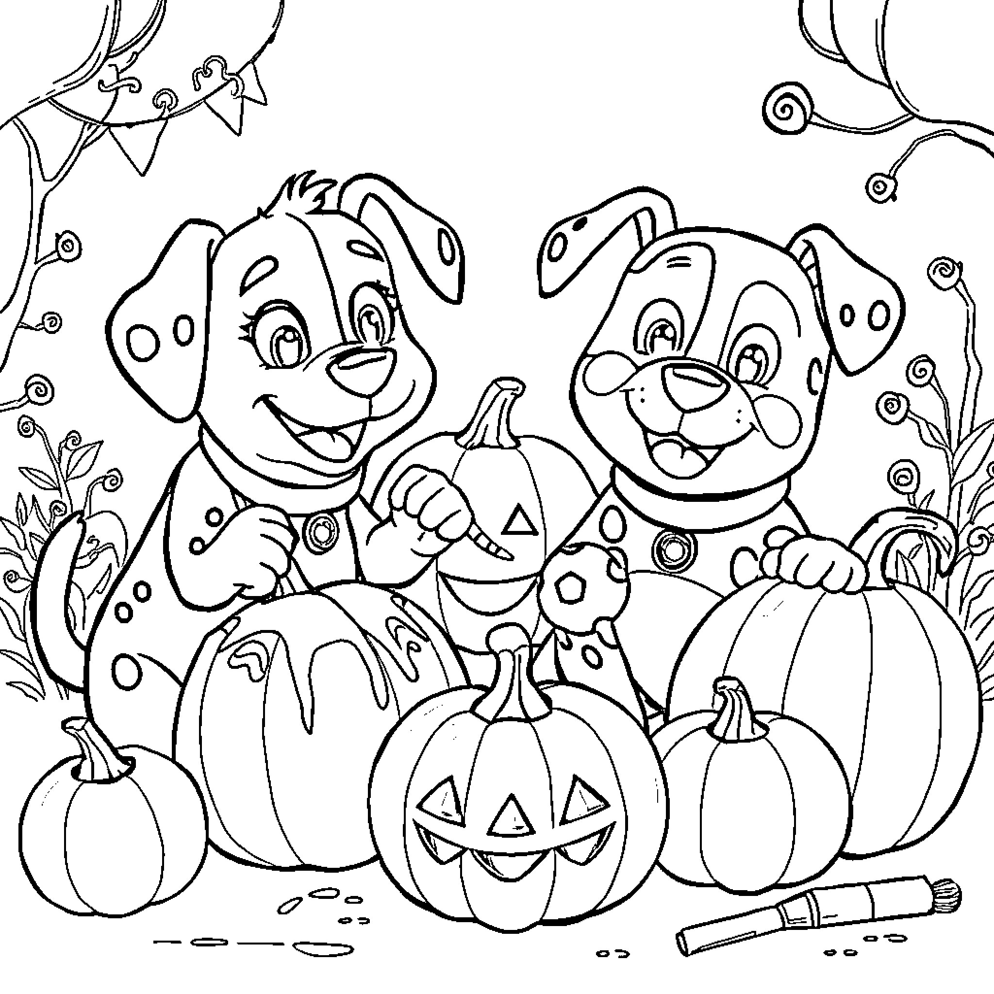 Rubble of Playful Pups and Pumpkins Coloring Page (free black-and-white line drawing printable PDF for all, from beginners to advanced learners, including children, teens, adults, and seniors)