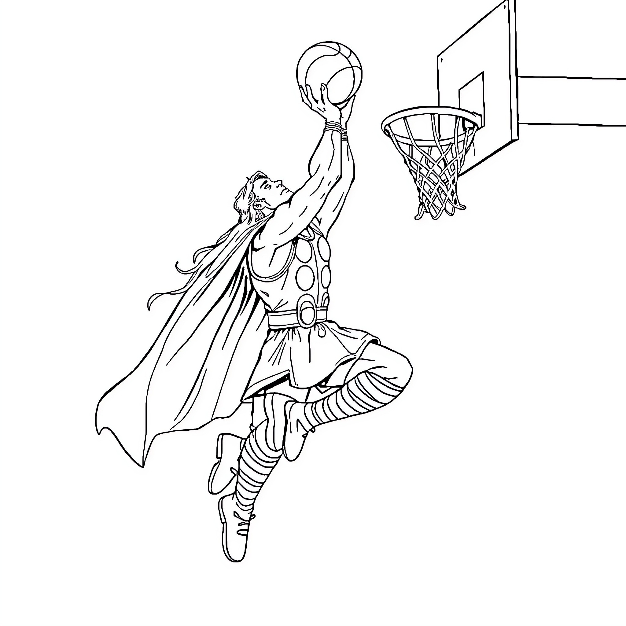 Thor dunking a basketball with superhero style Coloring Page (free black-and-white line drawing printable PDF for all, from beginners to advanced learners, including children, teens, adults, and seniors)