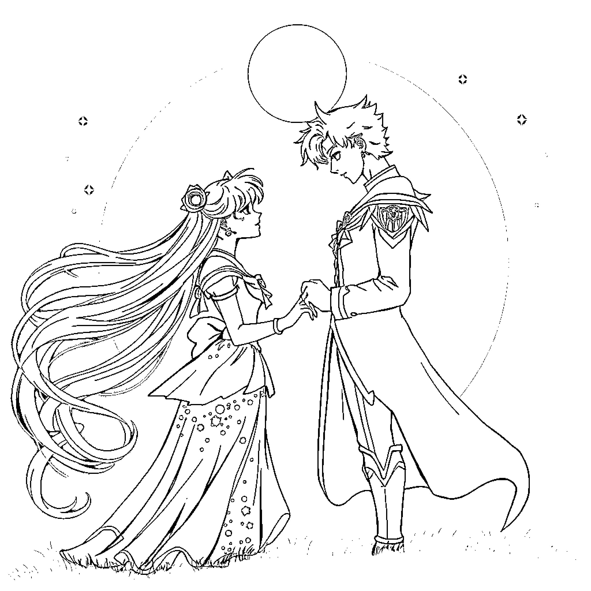 Sailormoon characters in romantic embrace Coloring Page (free black-and-white line drawing printable PDF for all, from beginners to advanced learners, including children, teens, adults, and seniors)