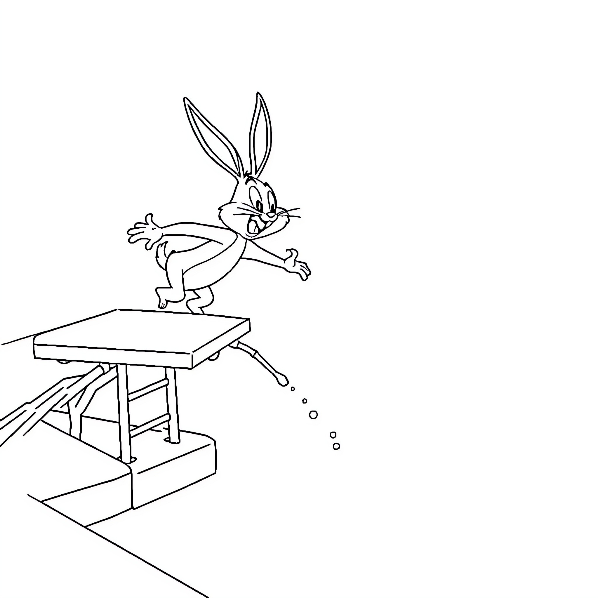 Bugs Bunny jumping excitedly on a platform Coloring Page (free black-and-white line drawing printable PDF for all, from beginners to advanced learners, including children, teens, adults, and seniors)