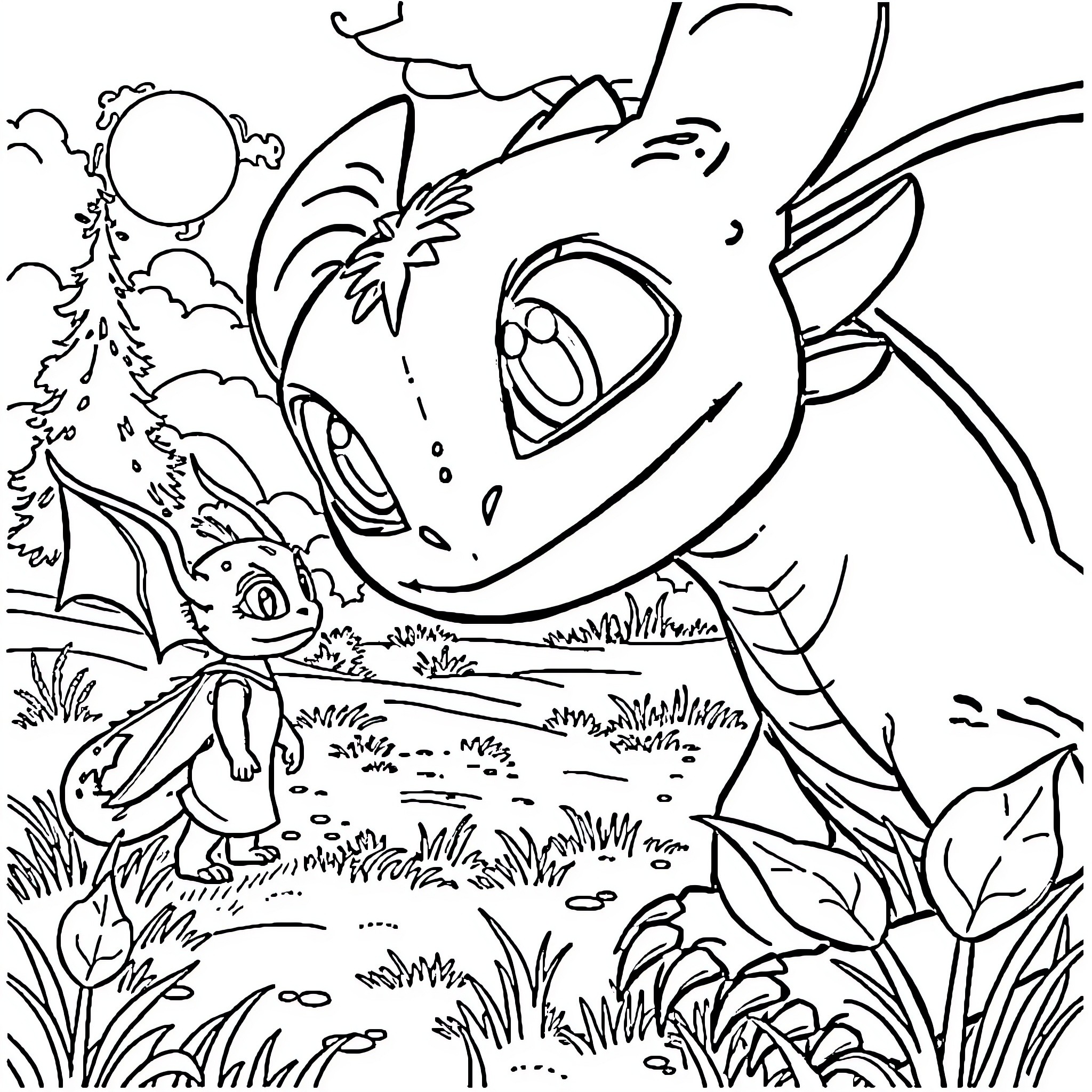 Toothless dragon exploring a lush, magical forest Coloring Page (free black-and-white line drawing printable PDF for all, from beginners to advanced learners, including children, teens, adults, and seniors)