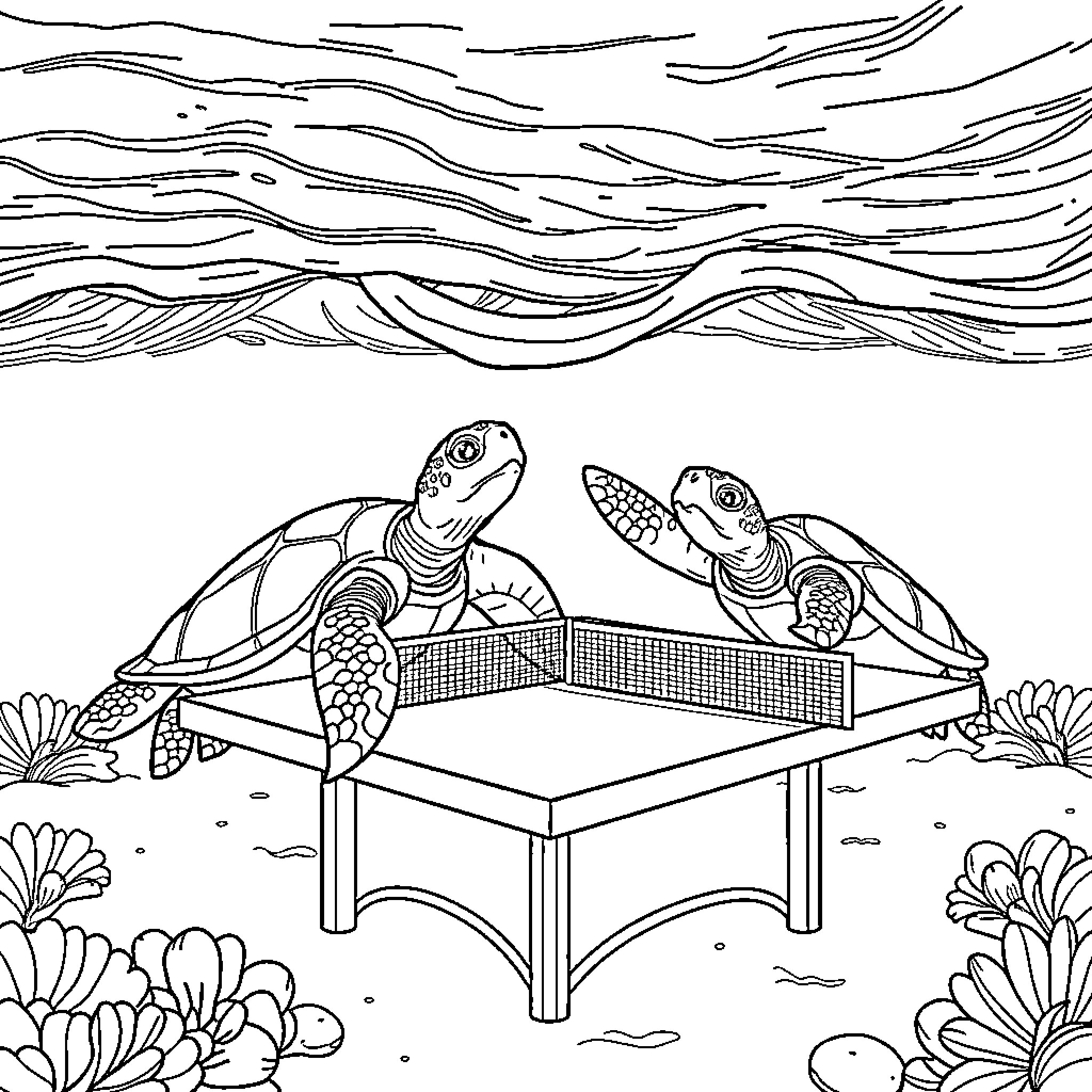 Sea Turtles Playing Ping-Pong in the Ocean Coloring Page (free black-and-white line drawing printable PDF for all, from beginners to advanced learners, including children, teens, adults, and seniors)
