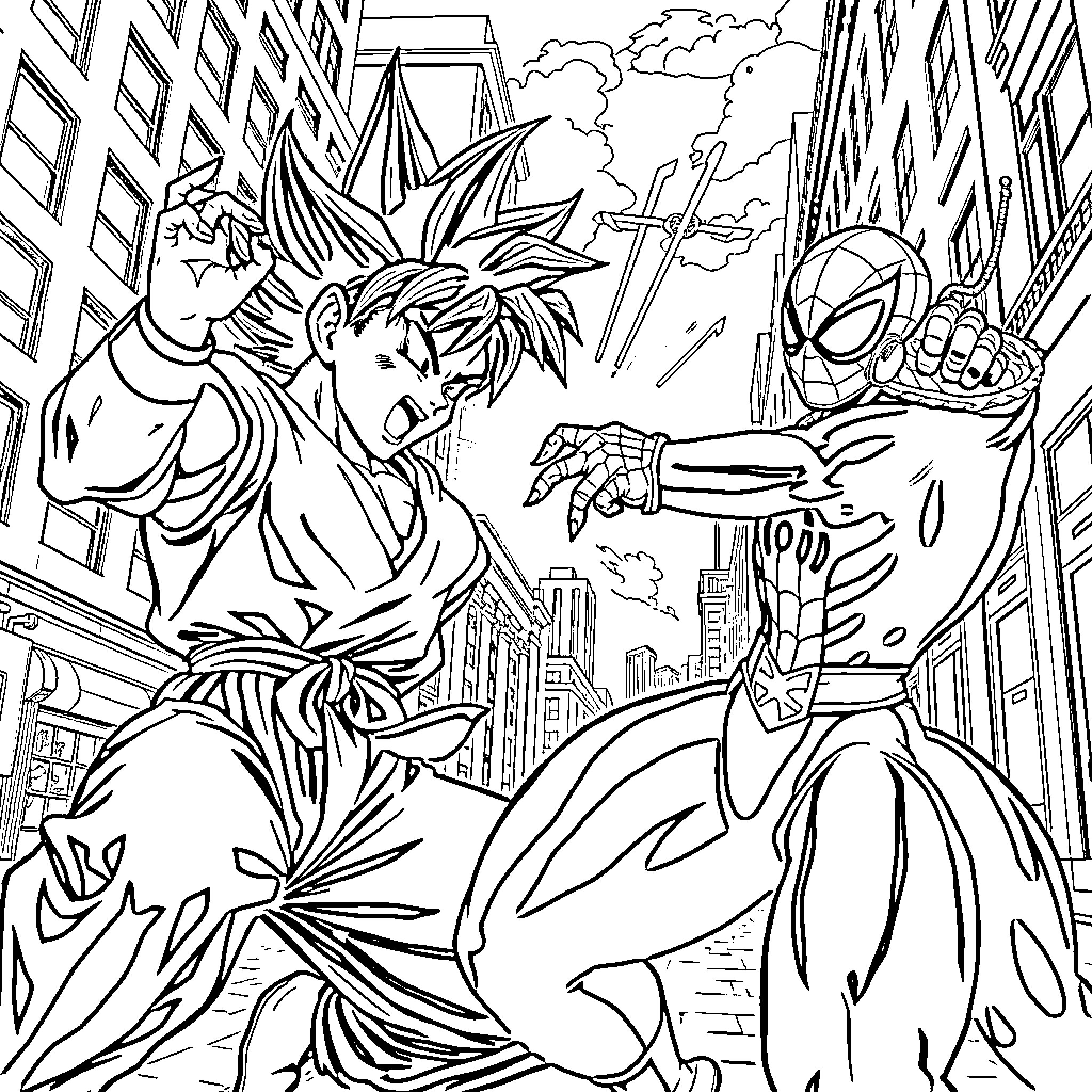 Gohan battling against Spider-Man in the city Coloring Page (free black-and-white line drawing printable PDF for all, from beginners to advanced learners, including children, teens, adults, and seniors)