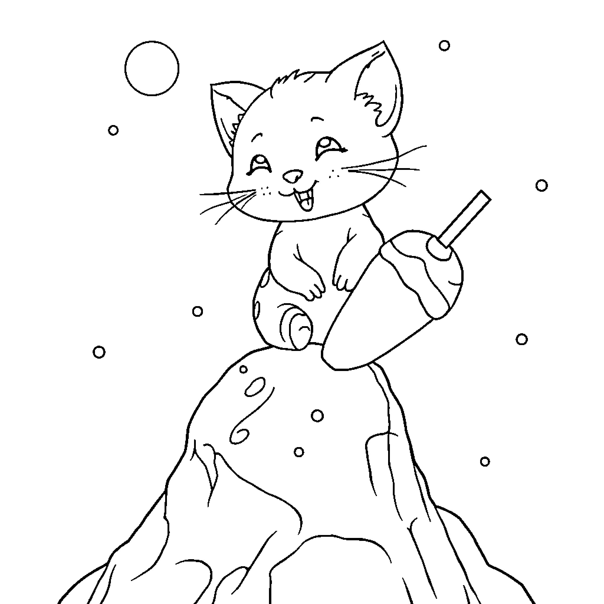 Stick figure cat playing with bubbles Coloring Page (free black-and-white line drawing printable PDF for all, from beginners to advanced learners, including children, teens, adults, and seniors)