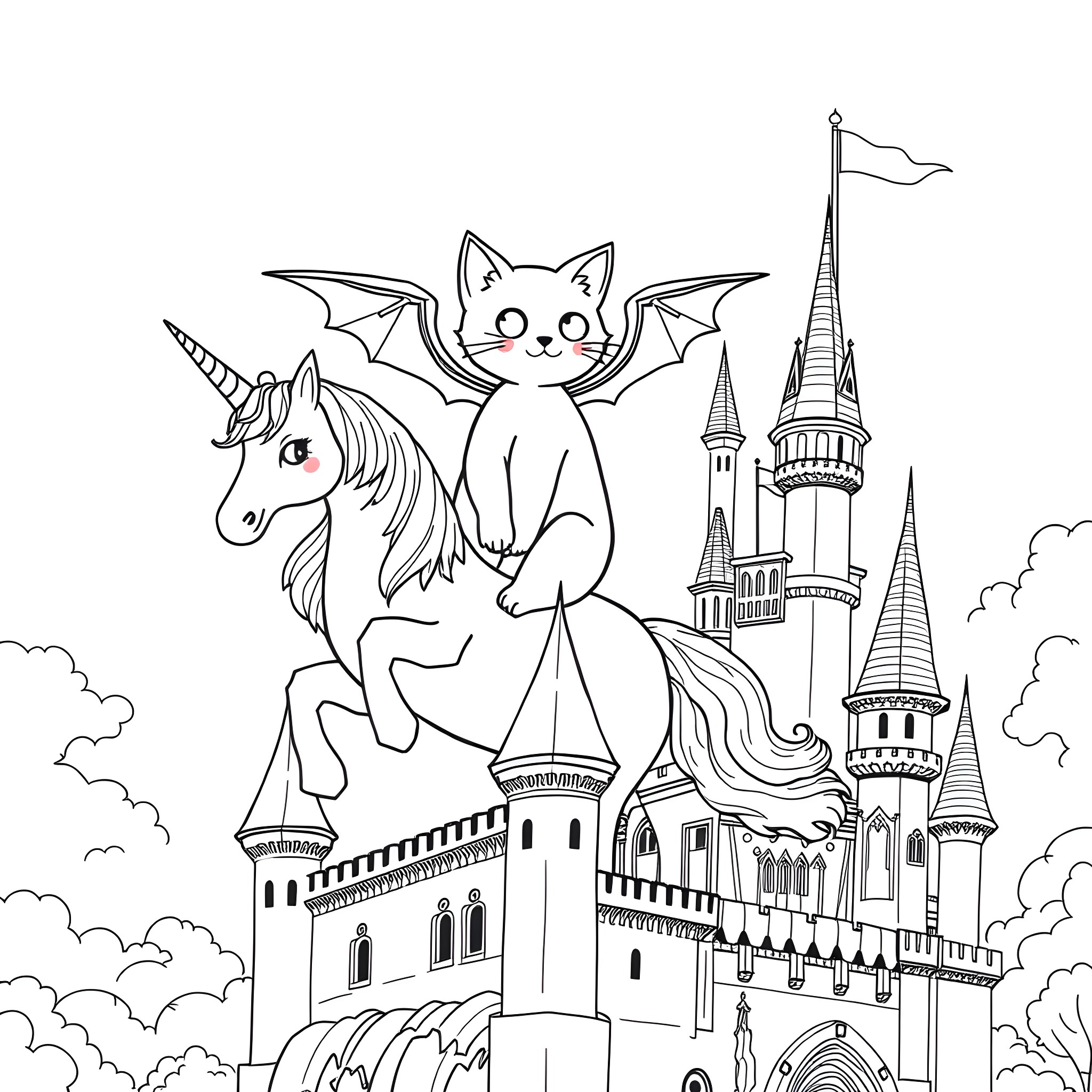 Cat with bat wings riding a unicorn in a fantasy castle Coloring Page (free black-and-white line drawing printable PDF for all, from beginners to advanced learners, including children, teens, adults, and seniors)