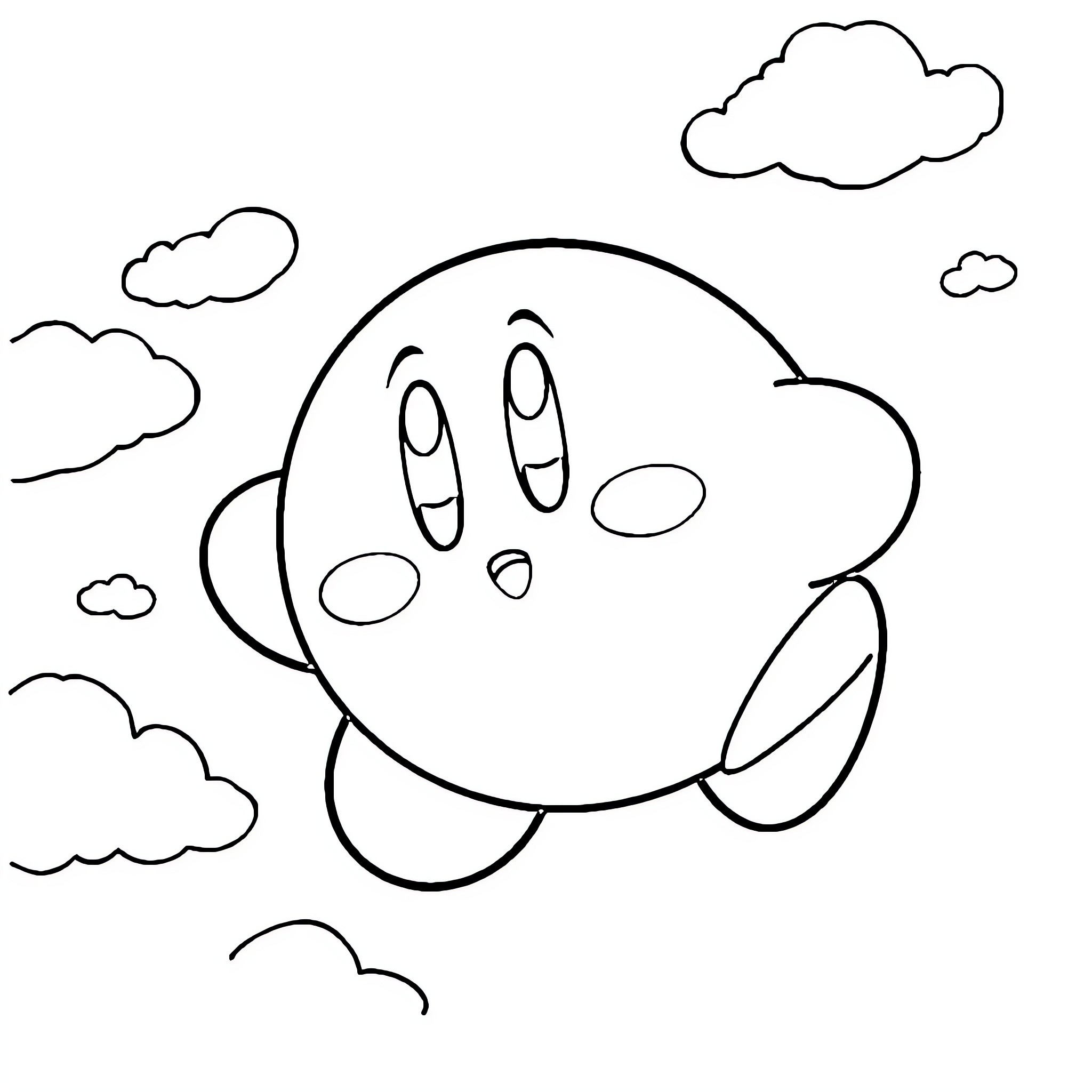 Kirby floating happily in the clouds Coloring Page (free black-and-white line drawing printable PDF for all, from beginners to advanced learners, including children, teens, adults, and seniors)