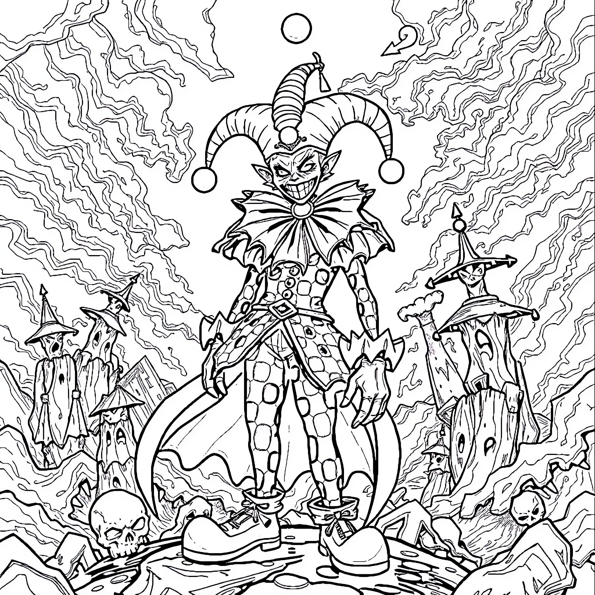 Kefka's Twisted Fantasy: A Jester's Whimsical Mayhem Coloring Page (free black-and-white line drawing printable PDF for all, from beginners to advanced learners, including children, teens, adults, and seniors)